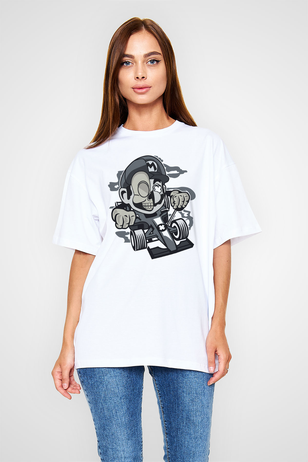Mario Skull Karting Racer Baskılı Beyaz Unisex Oversize Tişört