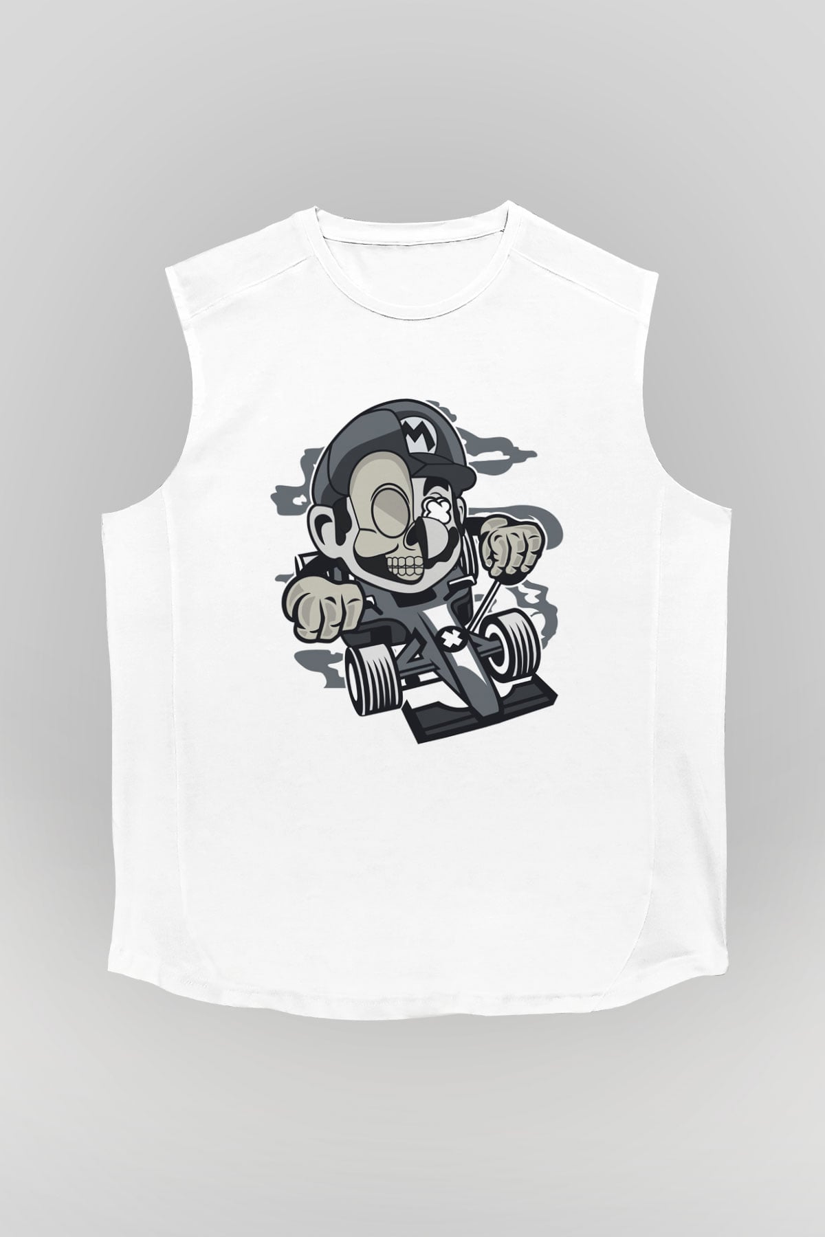 Mario Skull Karting Racer Baskılı Beyaz Unisex Kolsuz Tişört