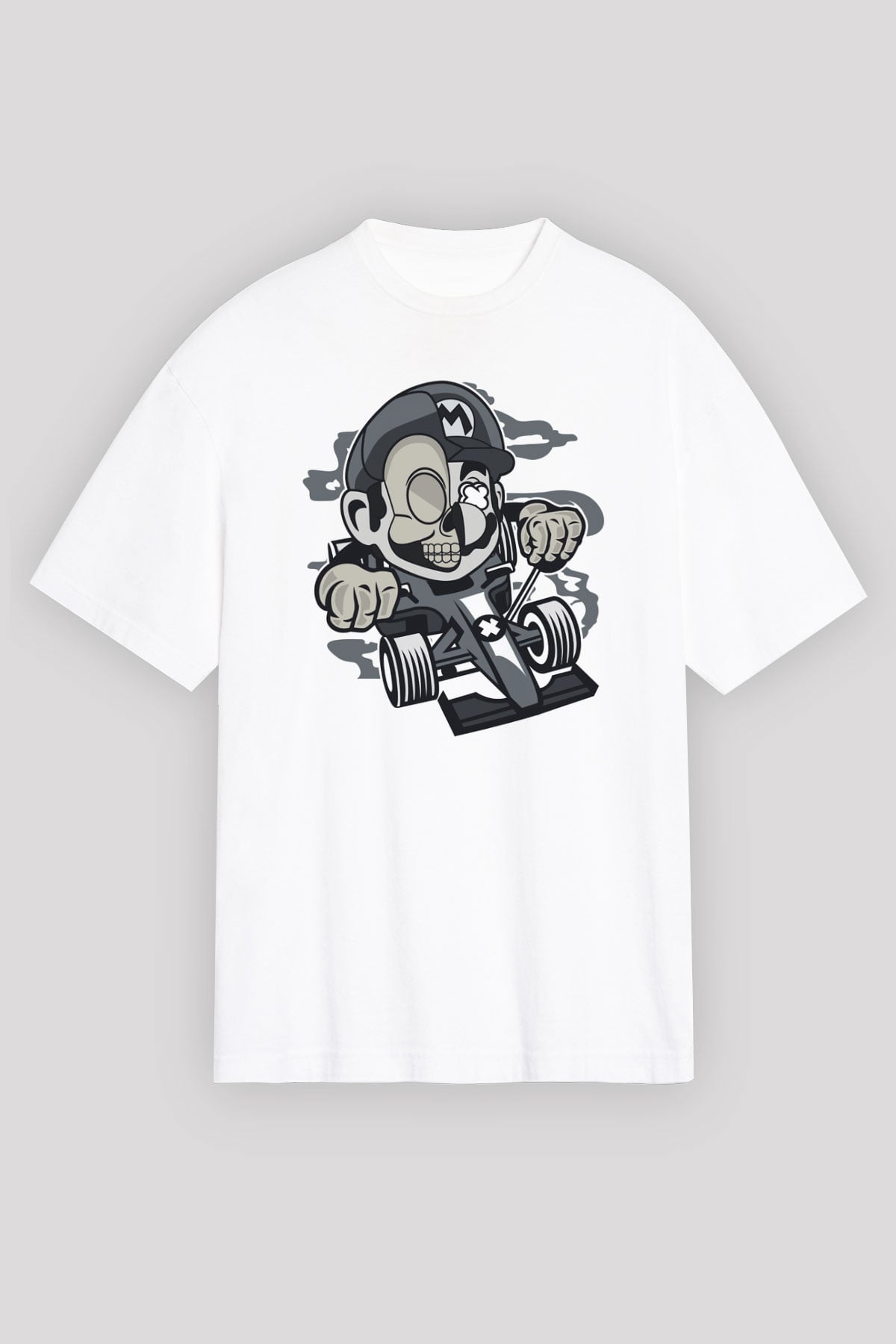 Mario Skull Karting Racer Baskılı Beyaz Unisex Oversize Tişört