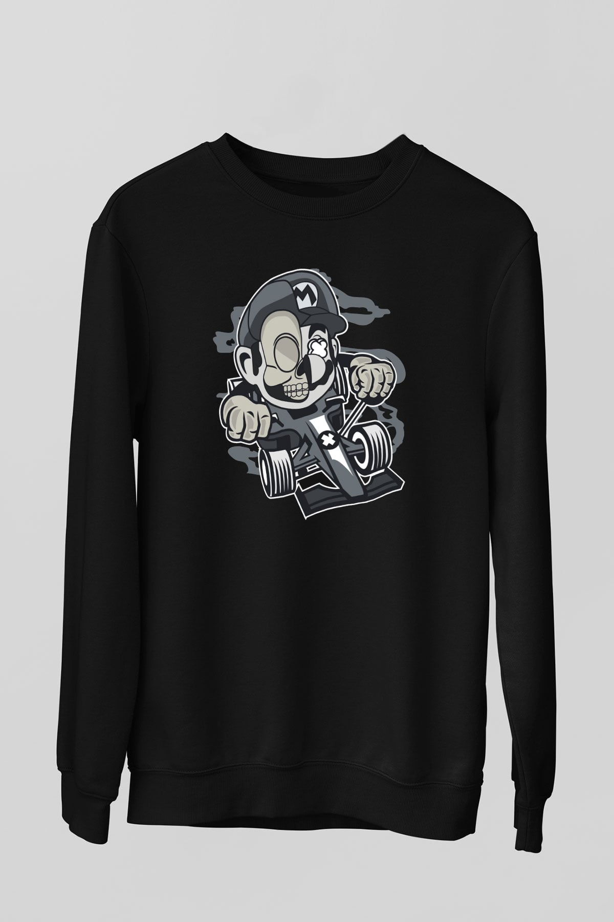 Mario Skull Karting Racer Baskılı Siyah Unisex Sweatshirt