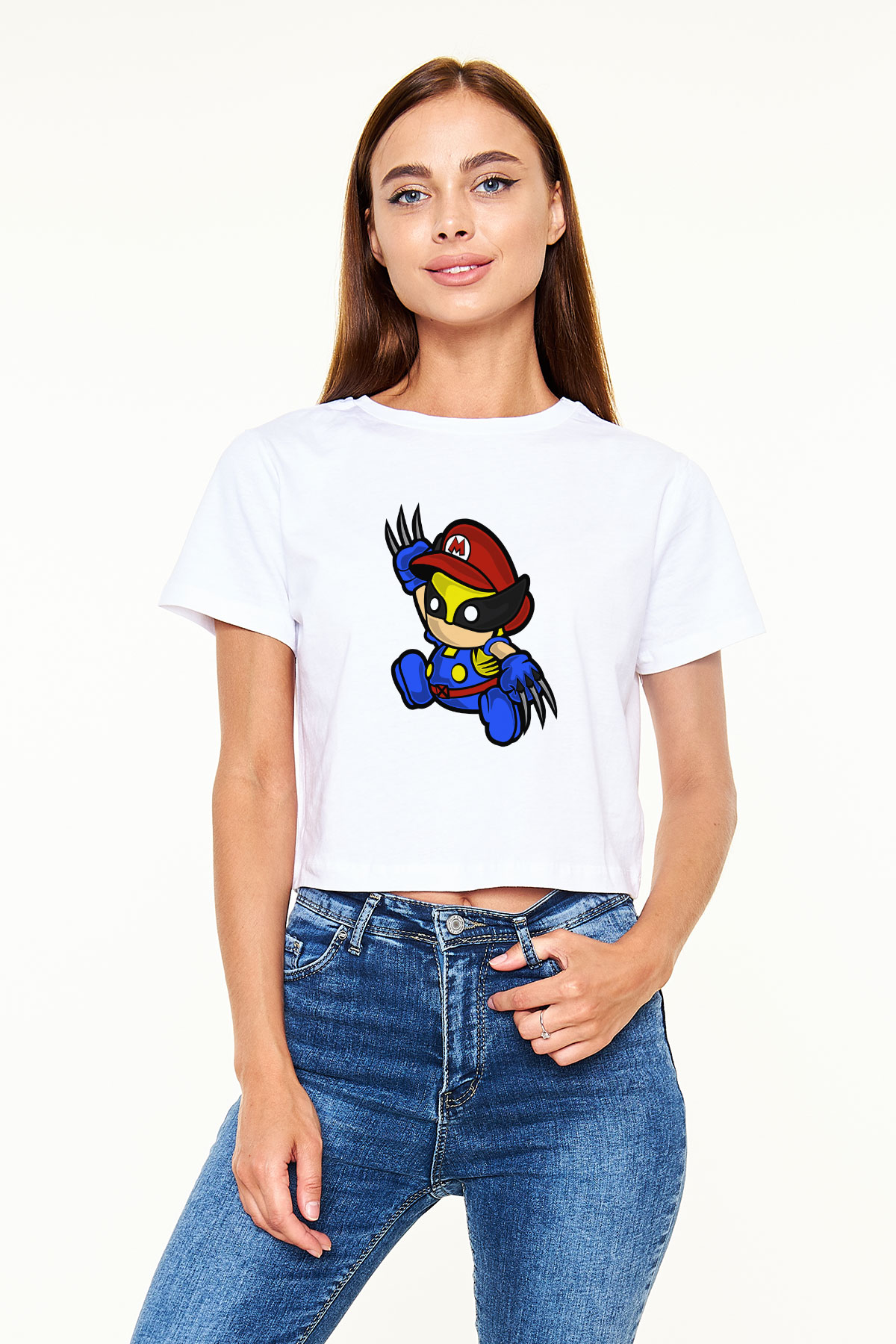 Mario Wolverine Baskılı Beyaz Kadın Crop Top Tişört