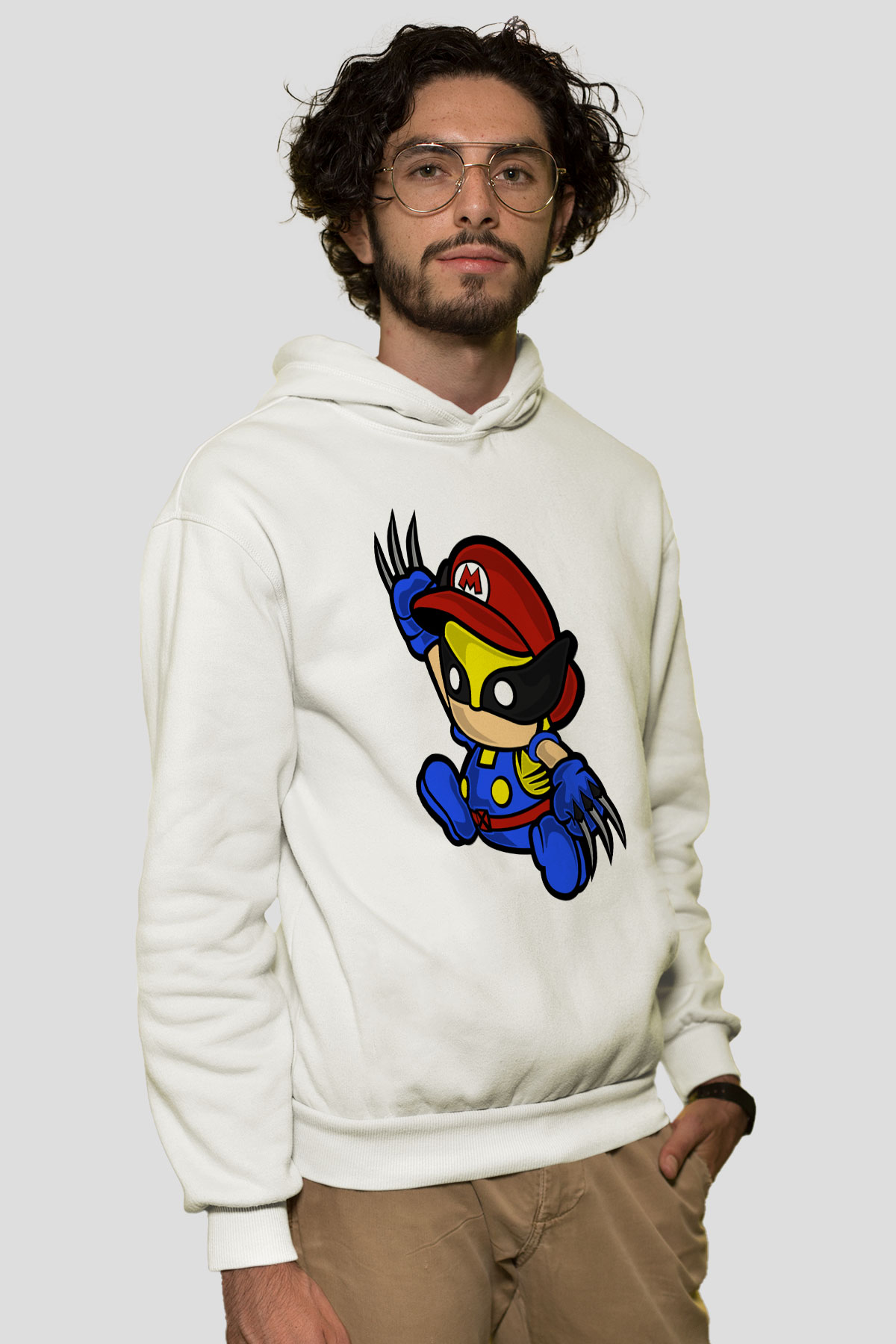 Mario Wolverine Baskılı Beyaz Unisex Hoodie