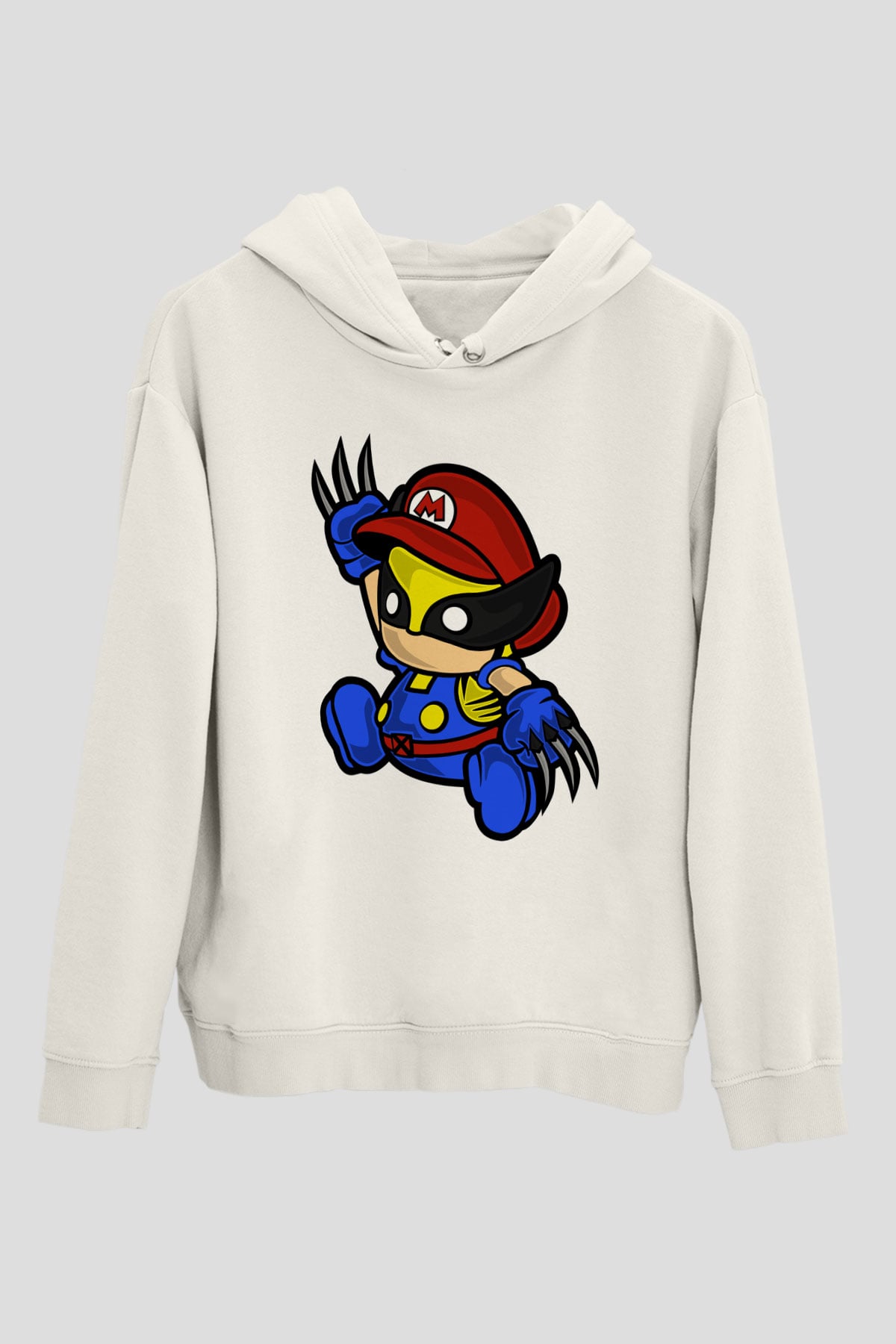 Mario Wolverine Baskılı Beyaz Unisex Hoodie