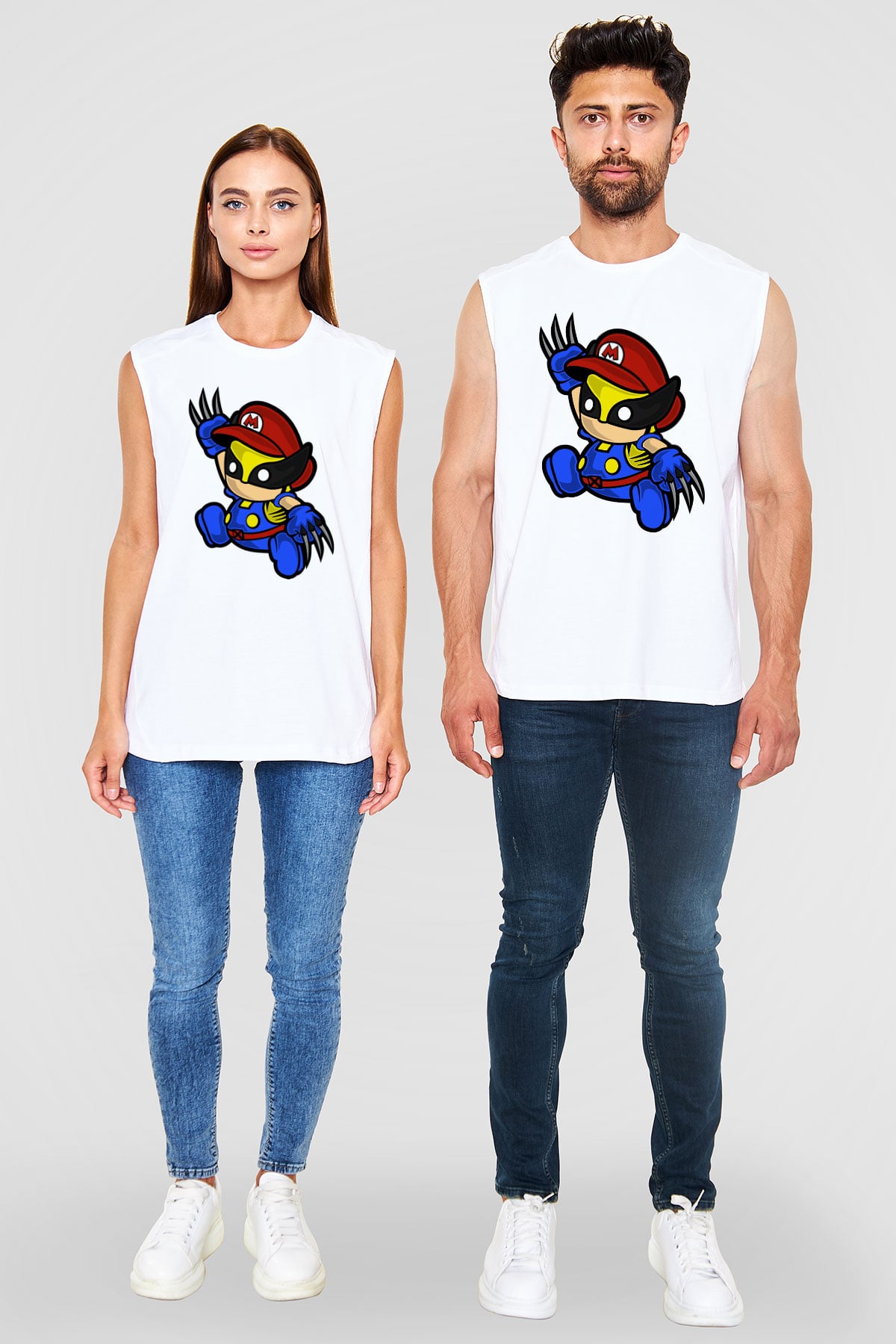 Mario Wolverine Baskılı Beyaz Unisex Kolsuz Tişört