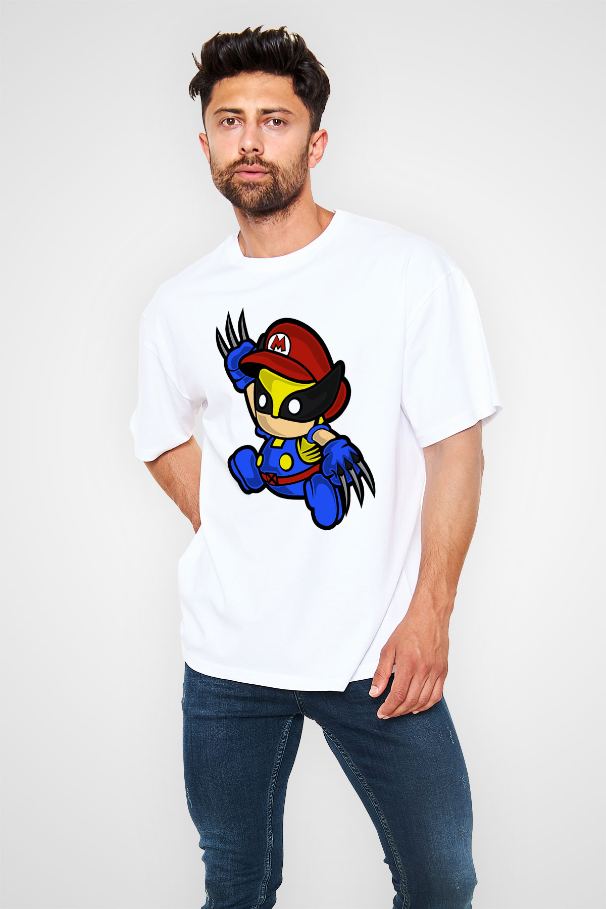 Mario Wolverine Baskılı Beyaz Unisex Oversize Tişört