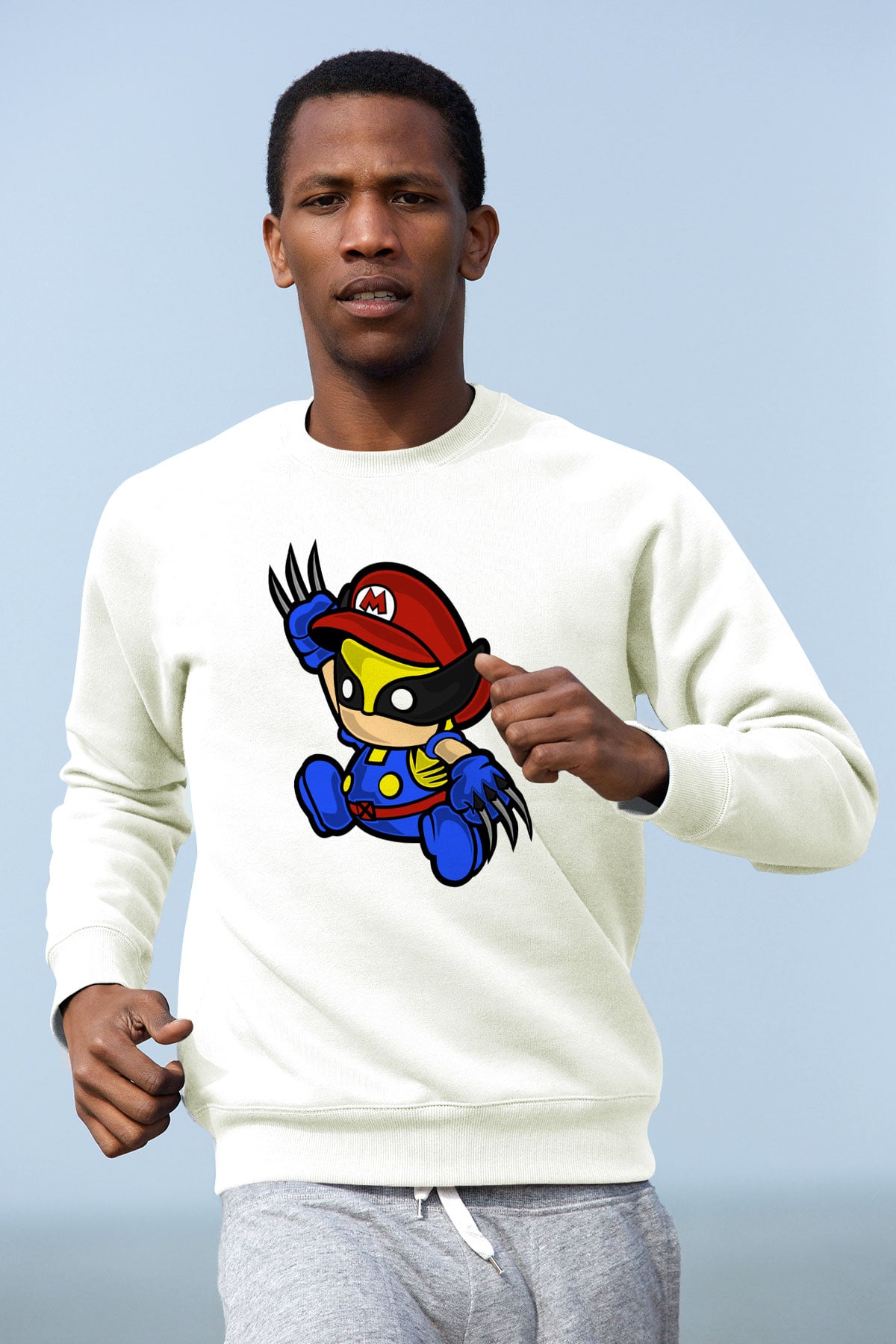 Mario Wolverine Baskılı Beyaz Unisex Sweatshirt