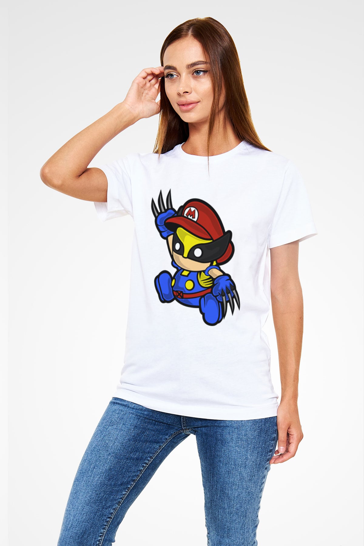 Mario Wolverine Baskılı Beyaz Unisex Tişört