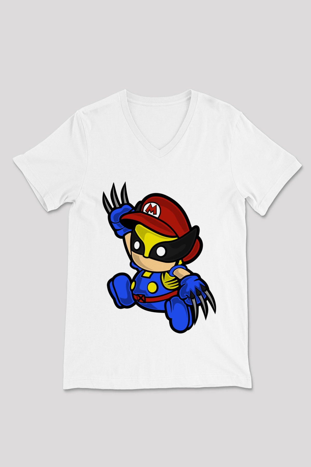 Mario Wolverine Baskılı Beyaz Unisex V Yaka Tişört