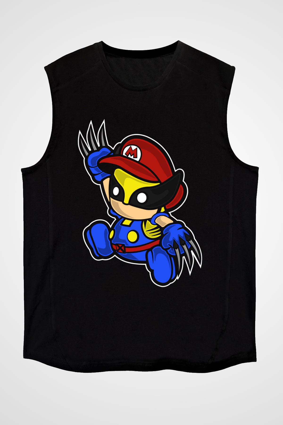 Mario Wolverine Baskılı Siyah Unisex Kolsuz Tişört