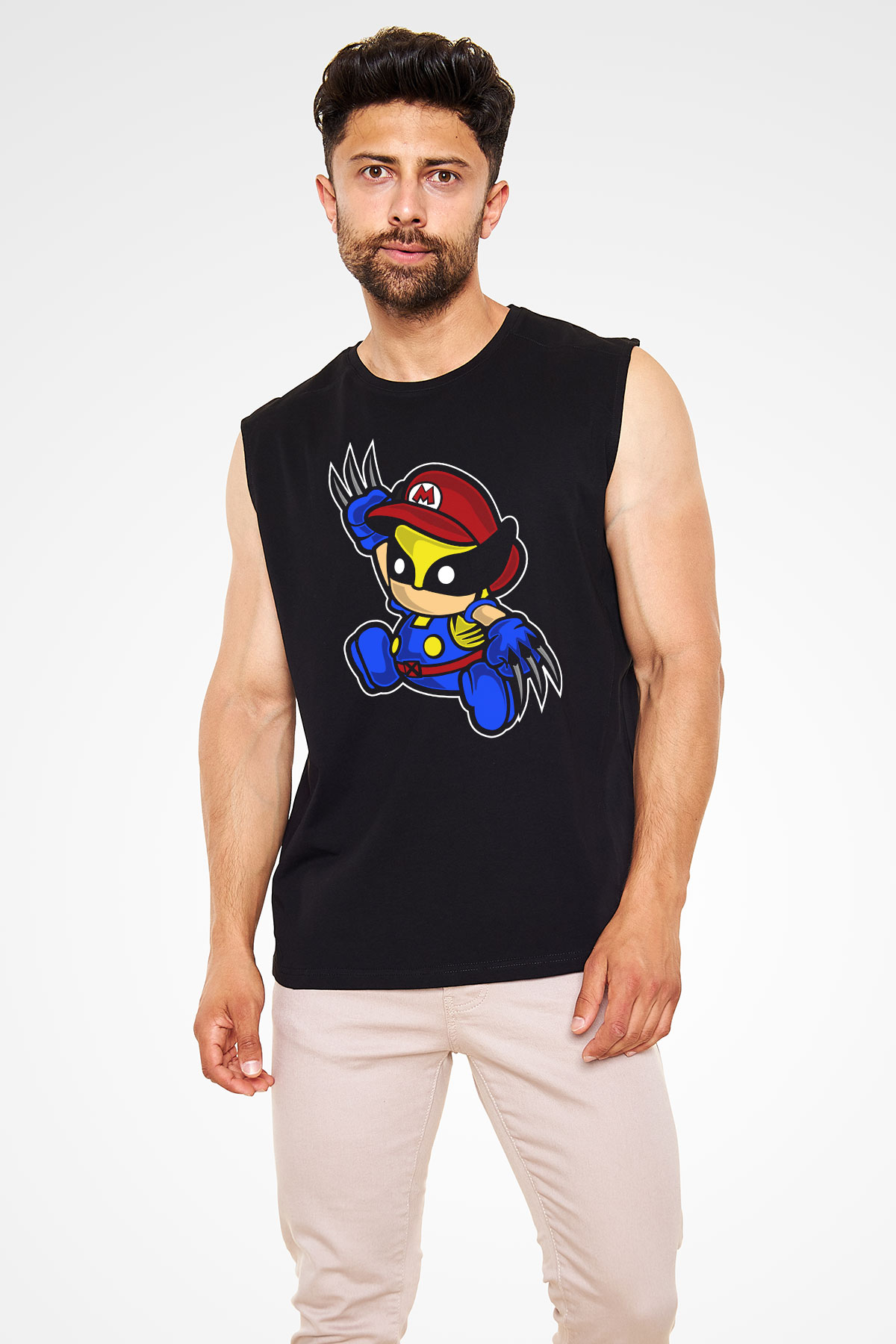 Mario Wolverine Baskılı Siyah Unisex Kolsuz Tişört