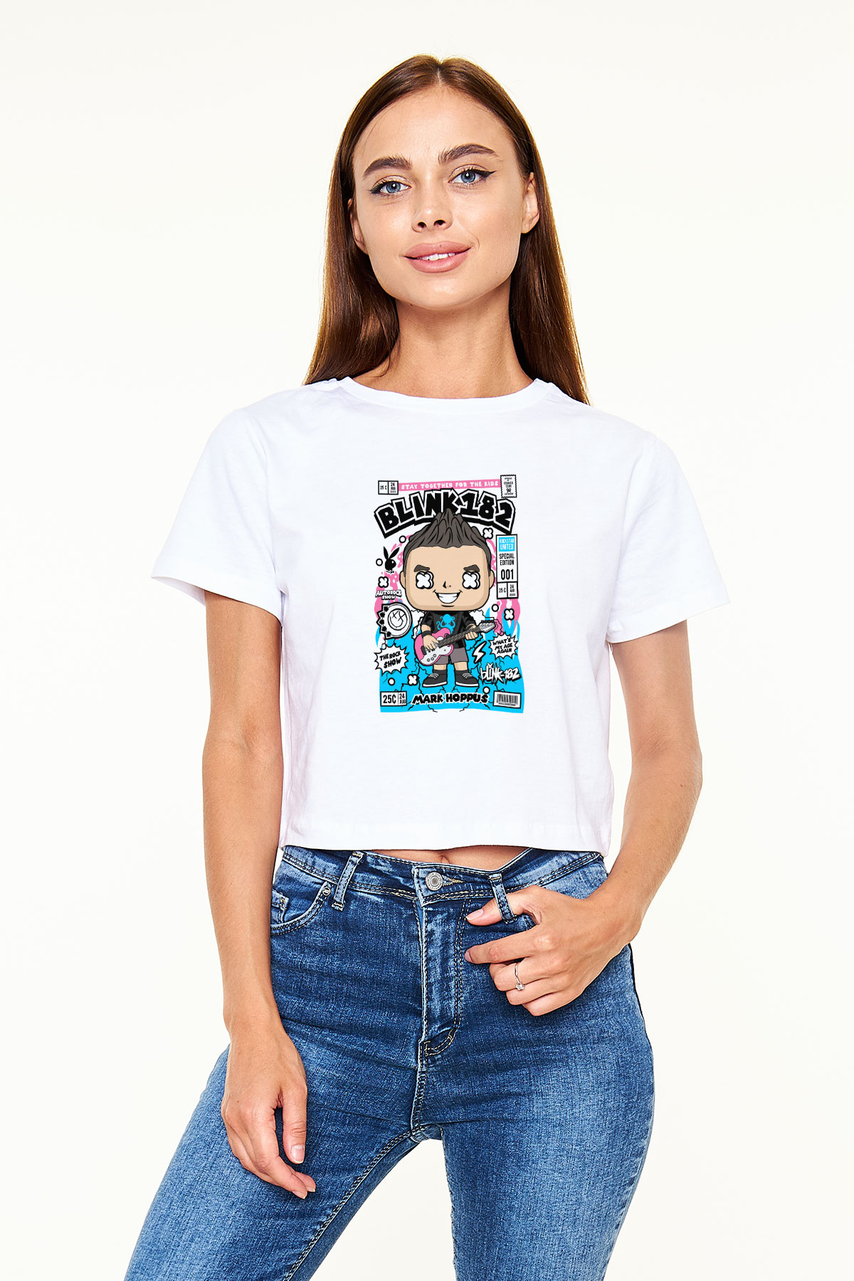 Mark Hoppus Blink 182 Baskılı Beyaz Kadın Crop Top Tişört