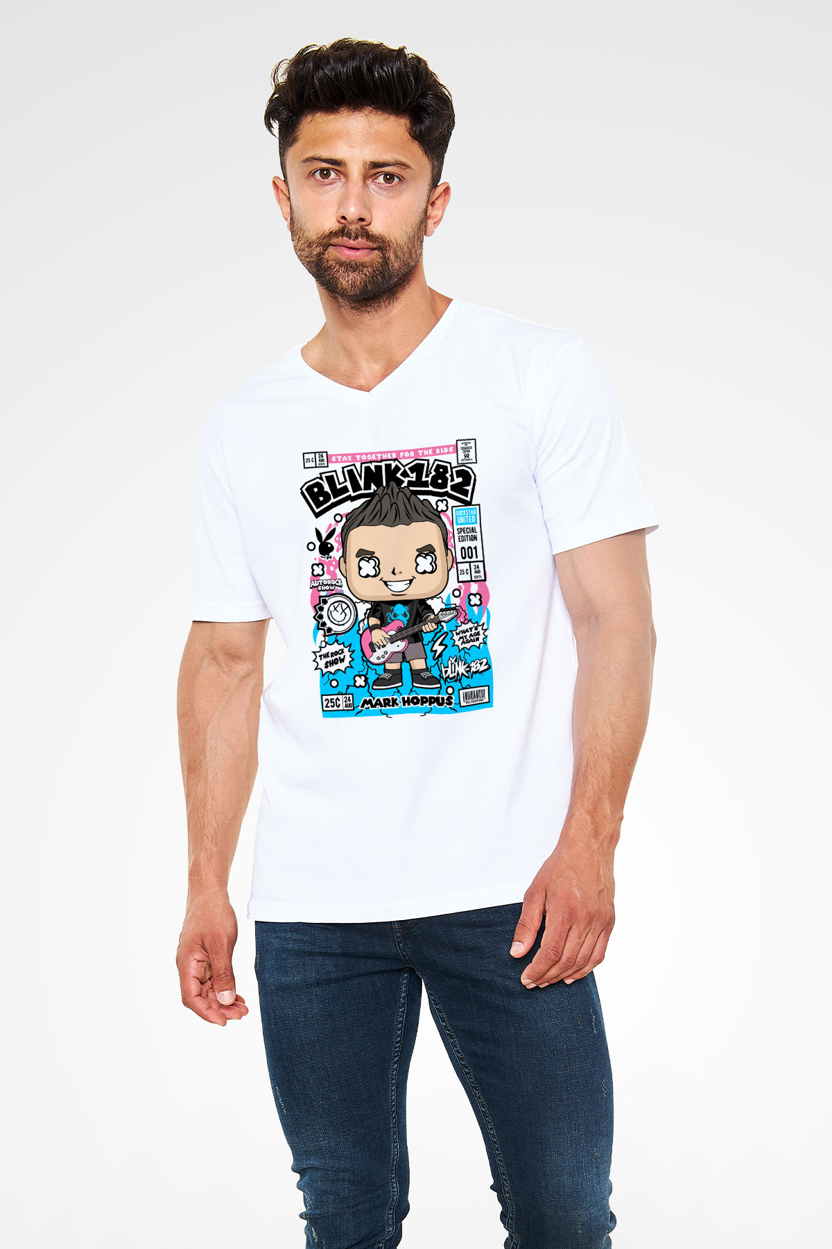 Mark Hoppus Blink 182 Baskılı Unisex Beyaz V Yaka Tişört