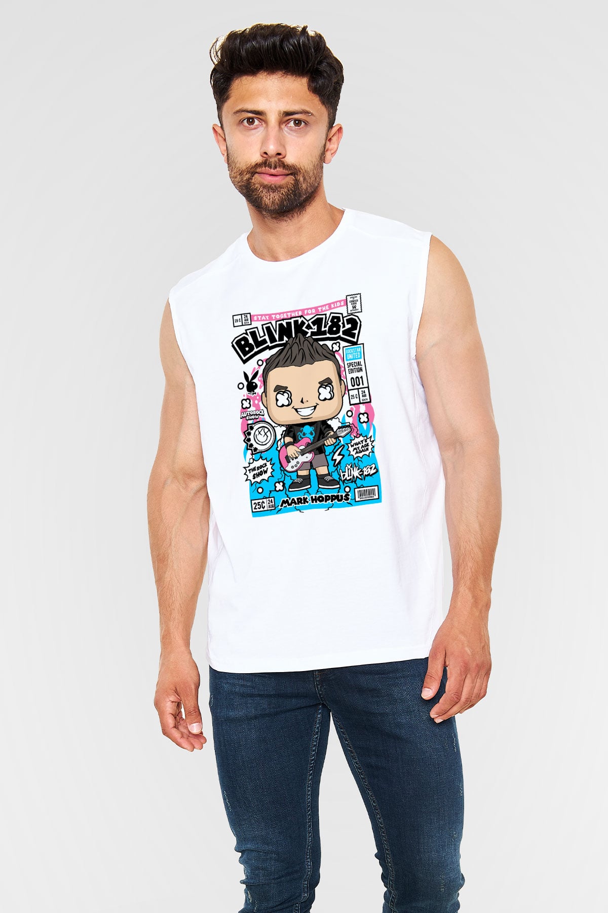 Mark Hoppus Blink 182 Baskılı Unisex Beyaz Kolsuz Tişört