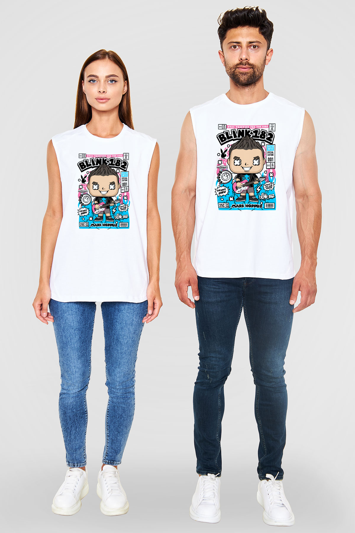 Mark Hoppus Blink 182 Baskılı Unisex Beyaz Kolsuz Tişört