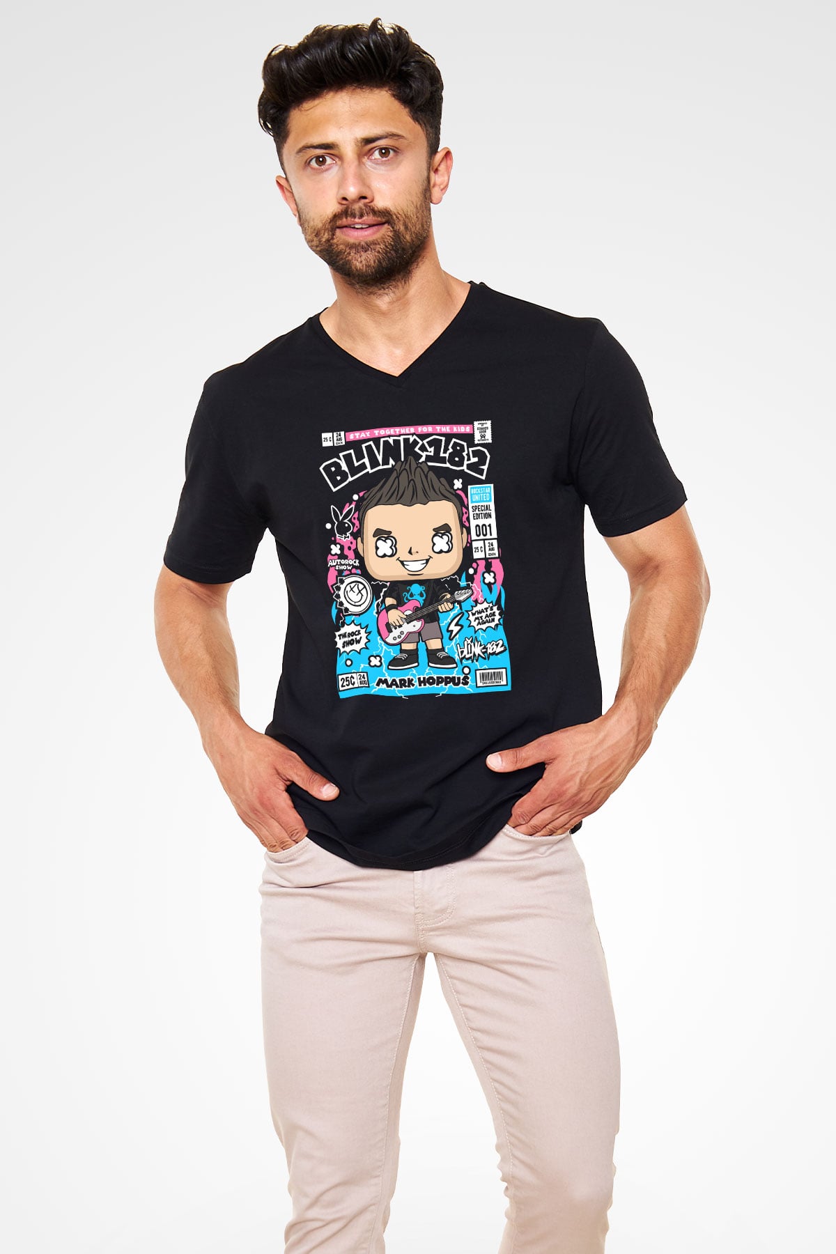 Mark Hoppus Blink 182 Baskılı Unisex Siyah V Yaka Tişört