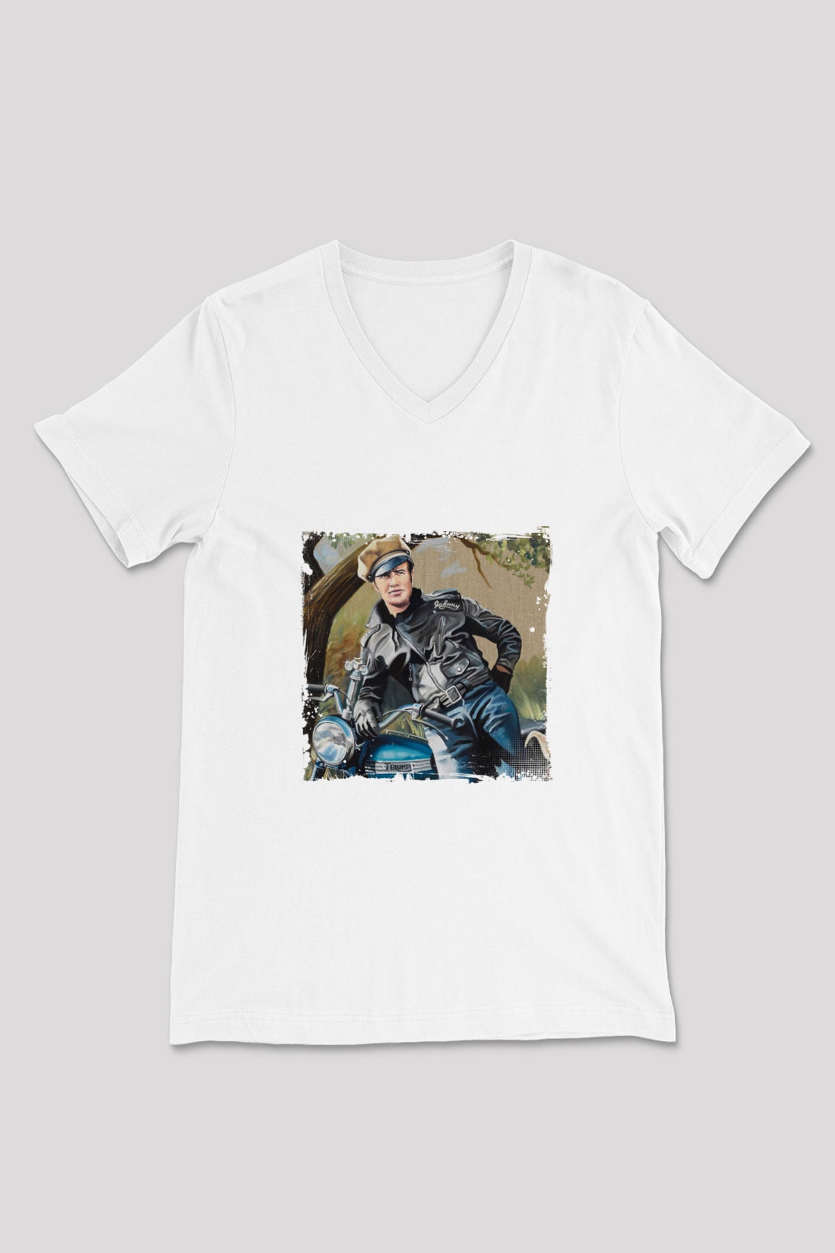 Marlon Brando Baskılı V Yaka Unisex Beyaz Tişört
