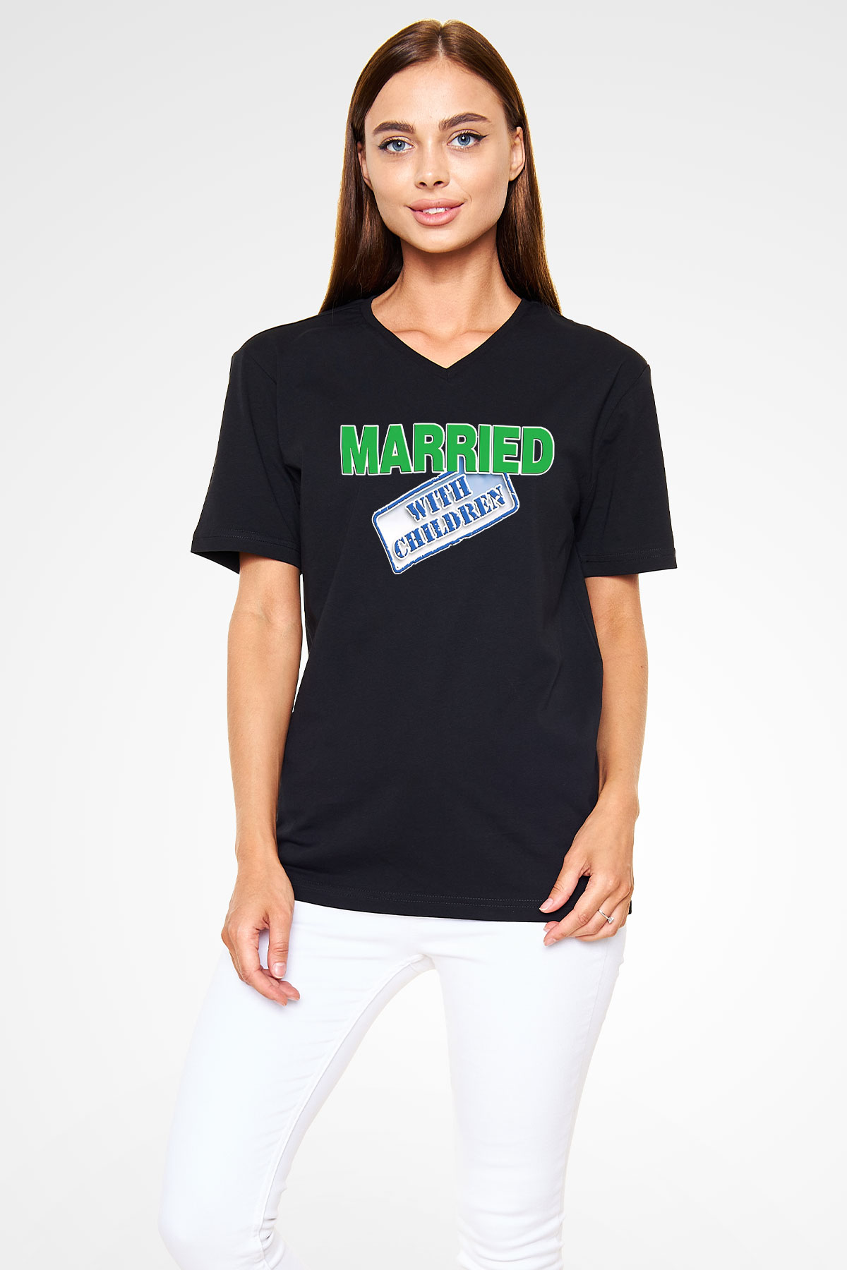 Married with Children Siyah Unisex V Yaka Tişört T-Shirt