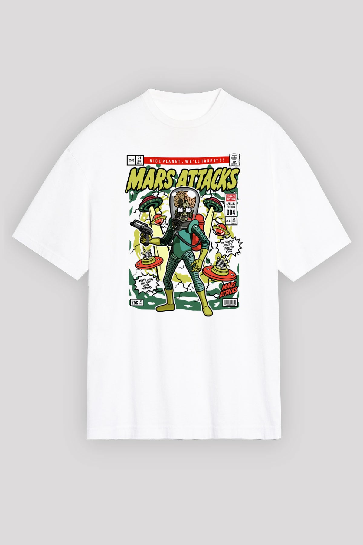 Mars Attacks Baskılı Unisex Beyaz Oversize Tişört