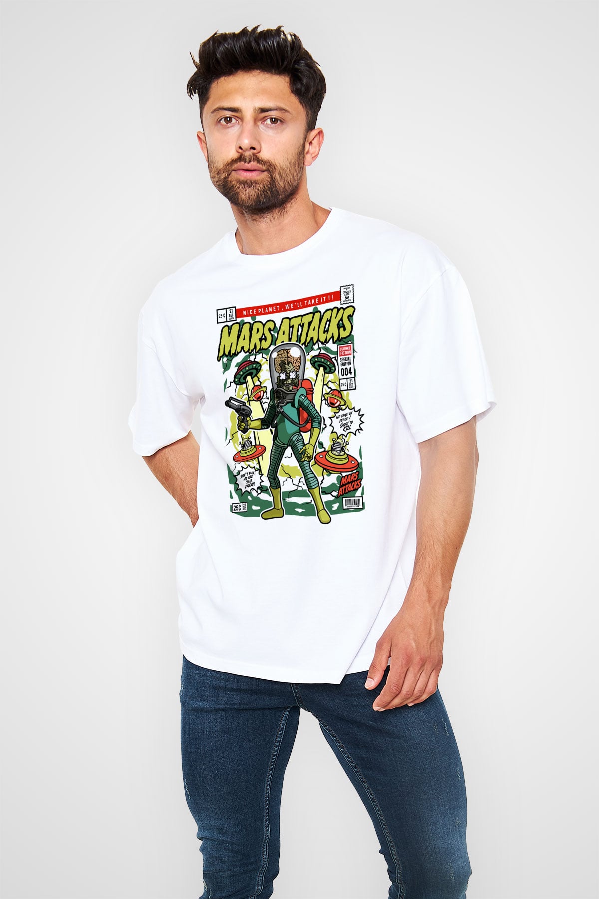 Mars Attacks Baskılı Unisex Beyaz Oversize Tişört
