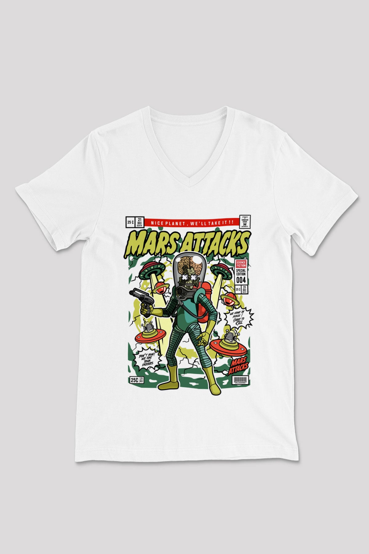 Mars Attacks Baskılı Unisex Beyaz V Yaka Tişört