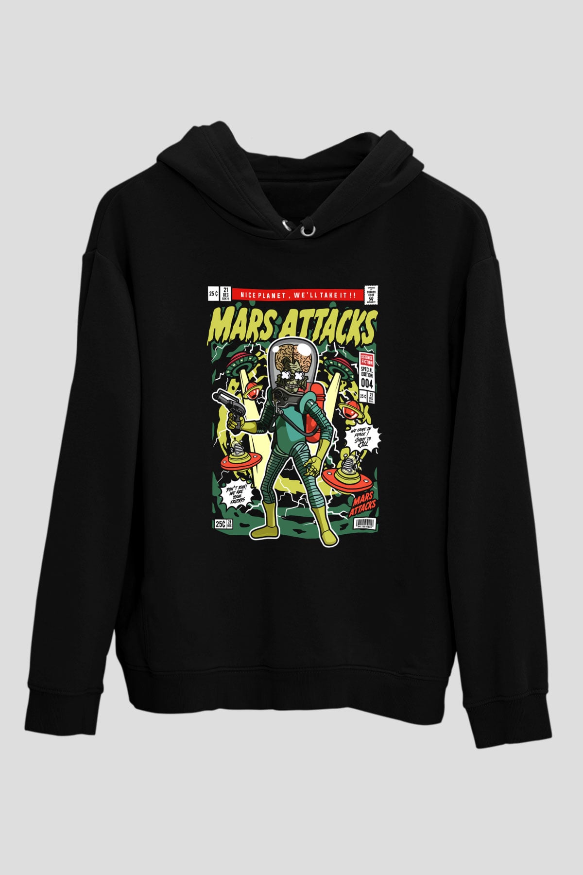 Mars Attacks Baskılı Unisex Siyah Hoodie