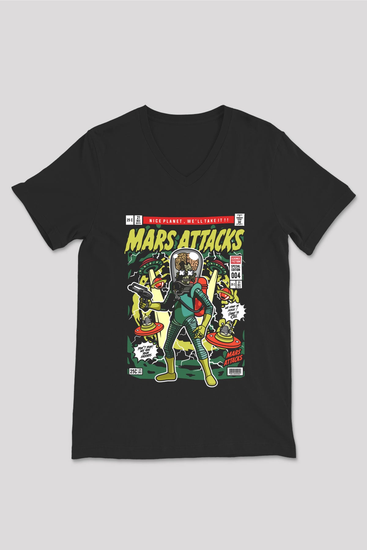 Mars Attacks Baskılı Unisex Siyah V Yaka Tişört