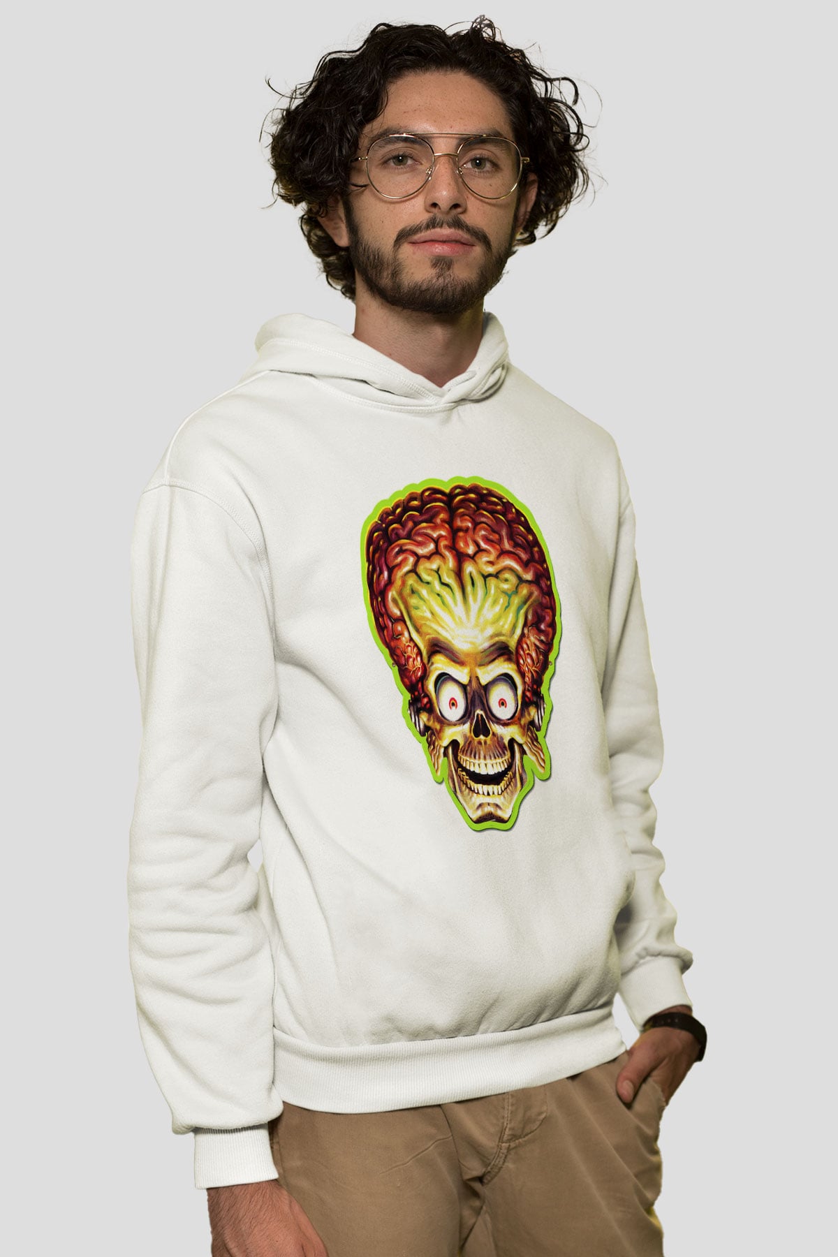 Mars Attacks Beyaz Unisex Kapşonlu Sweatshirt