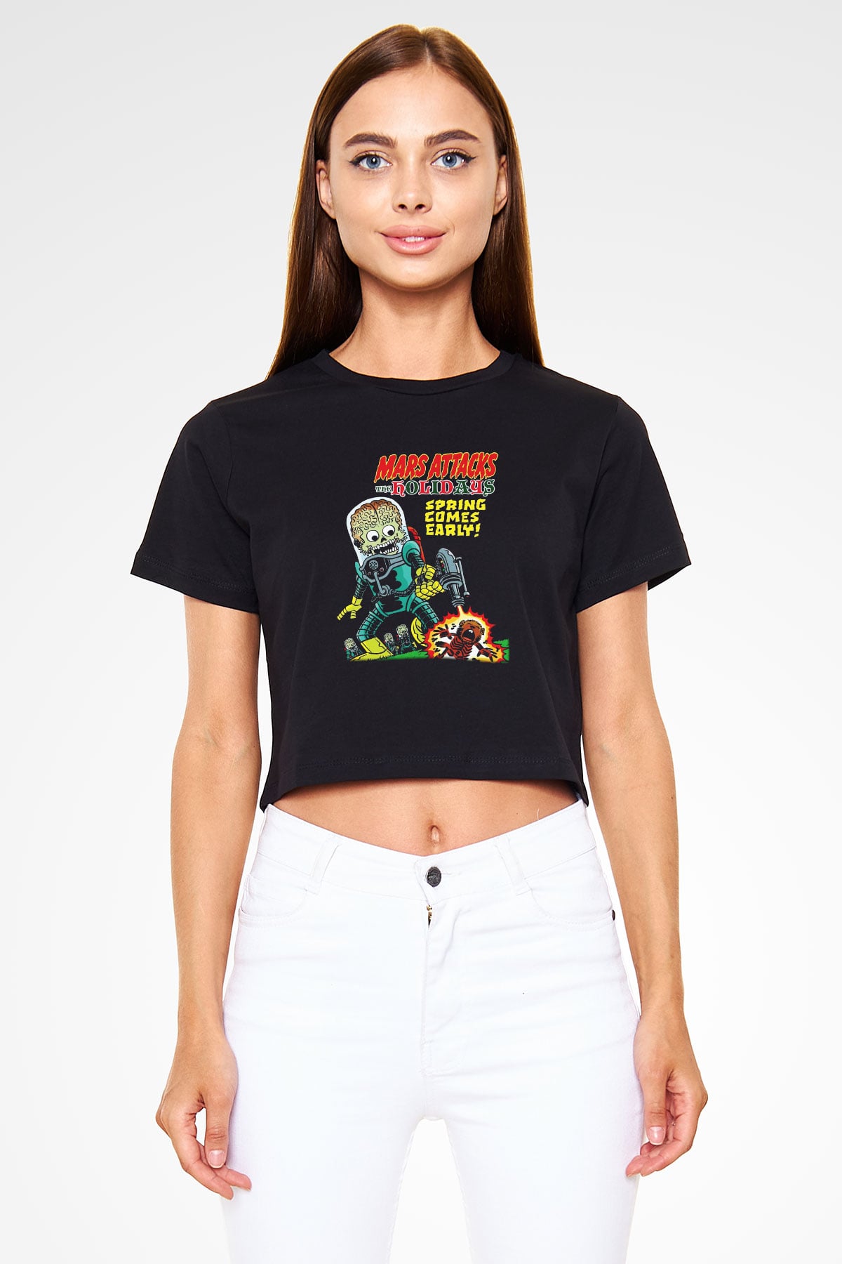 Mars Attacks Siyah Crop Top Tişört