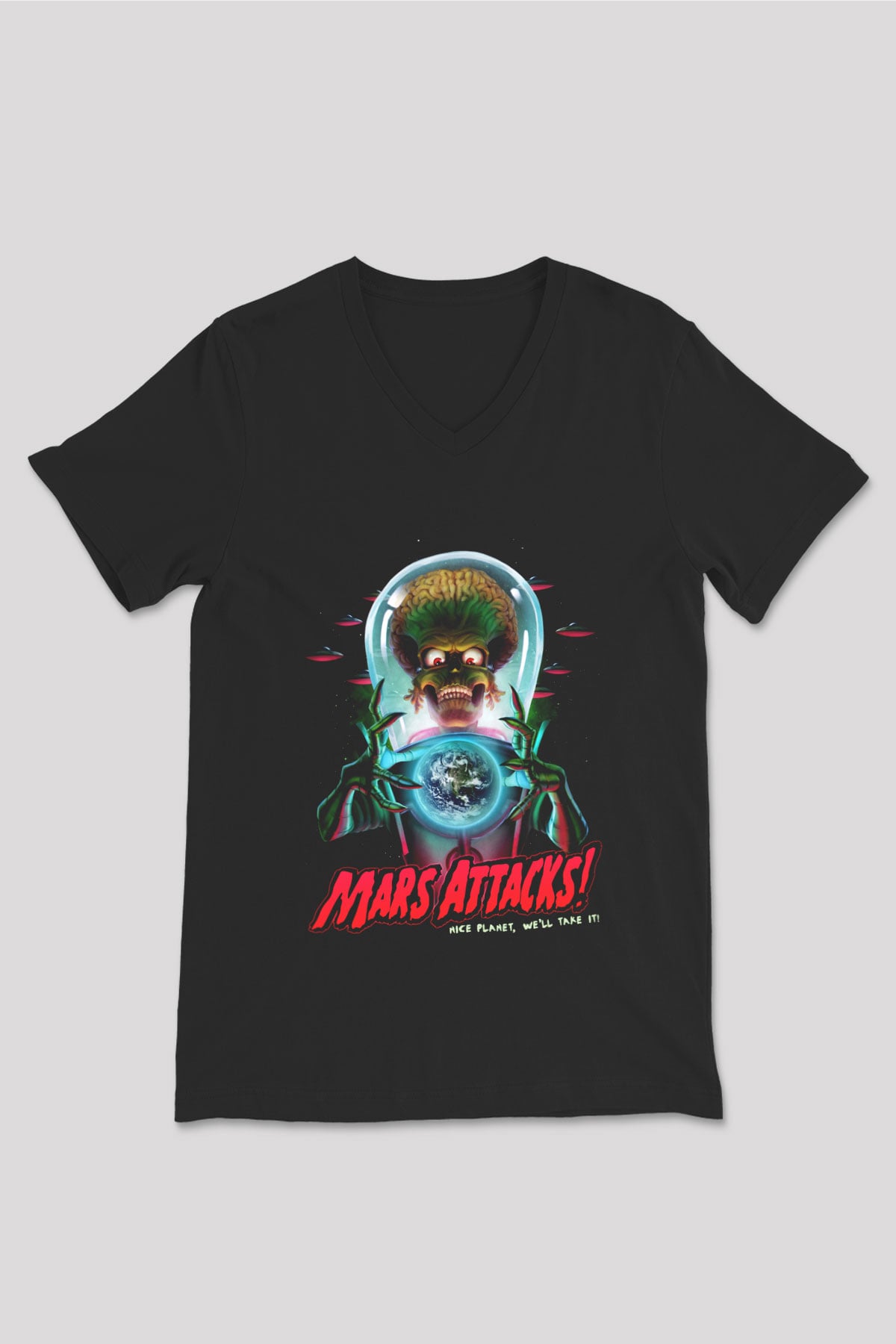Mars Attacks Siyah Unisex V Yaka Tişört