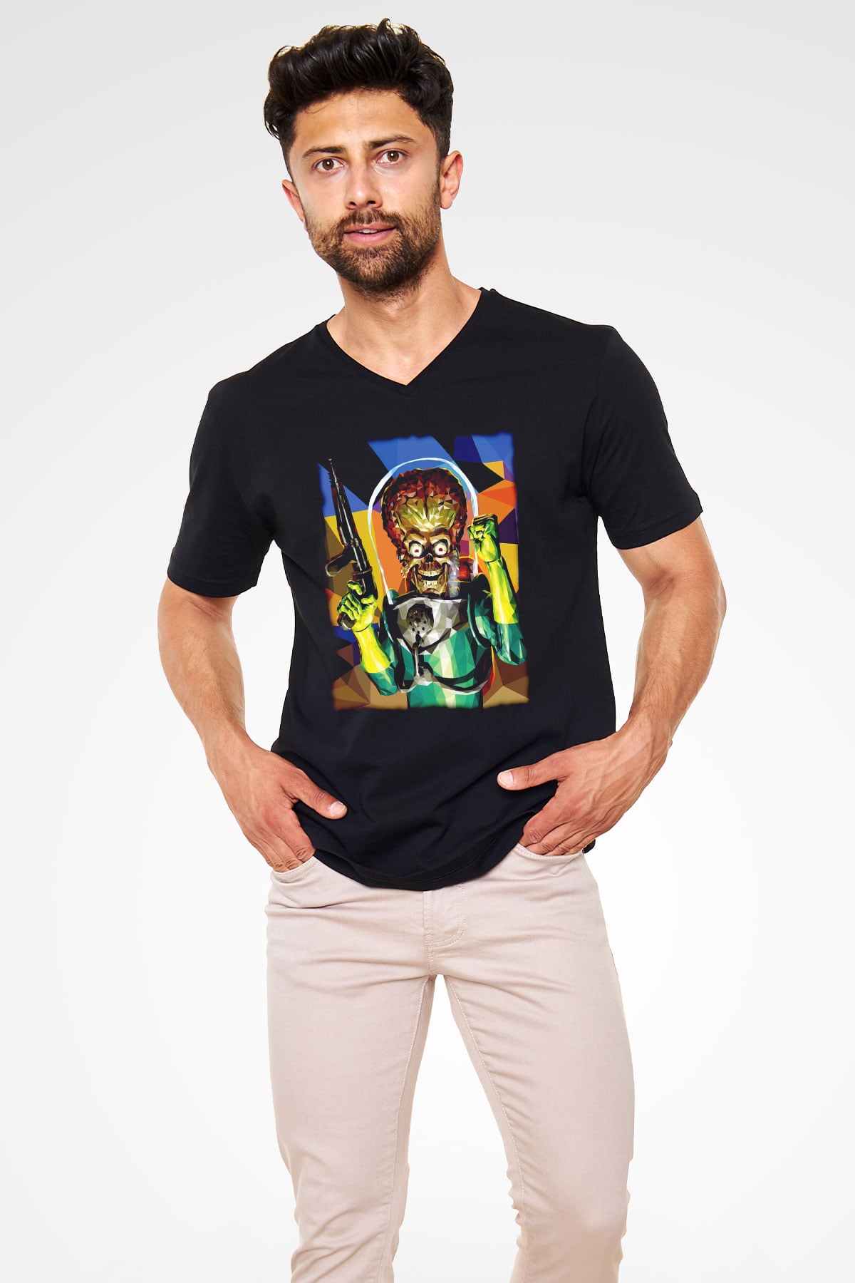 Mars Attacks Siyah Unisex  V Yaka Tişört