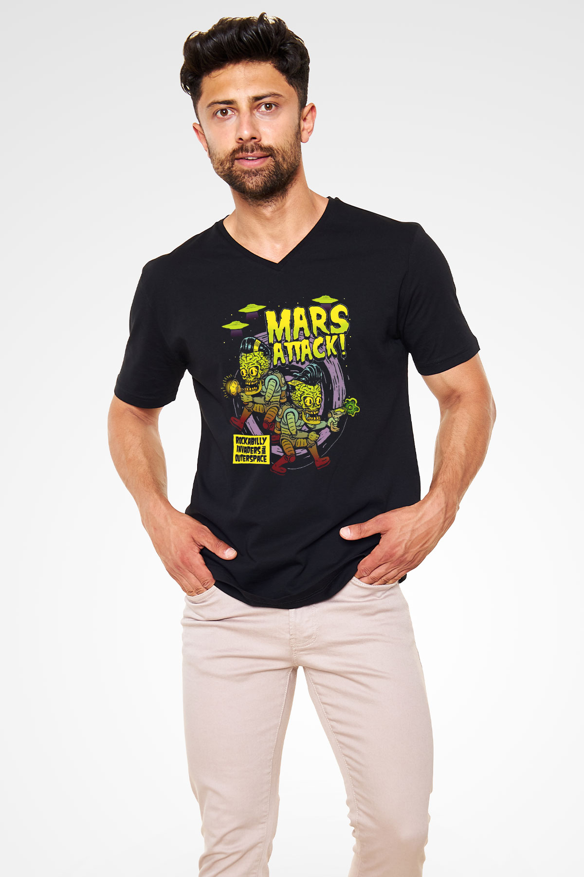 Mars Attacks Siyah Unisex  V Yaka Tişört