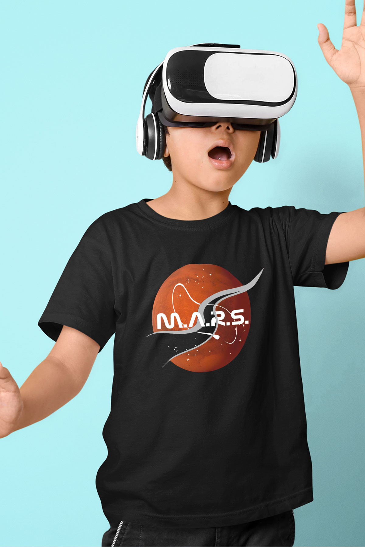 Mars Baskılı Siyah Unisex Çocuk Tişört