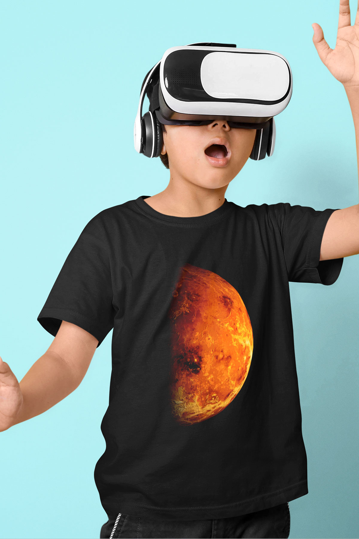Mars Baskılı Siyah Unisex Çocuk Tişört