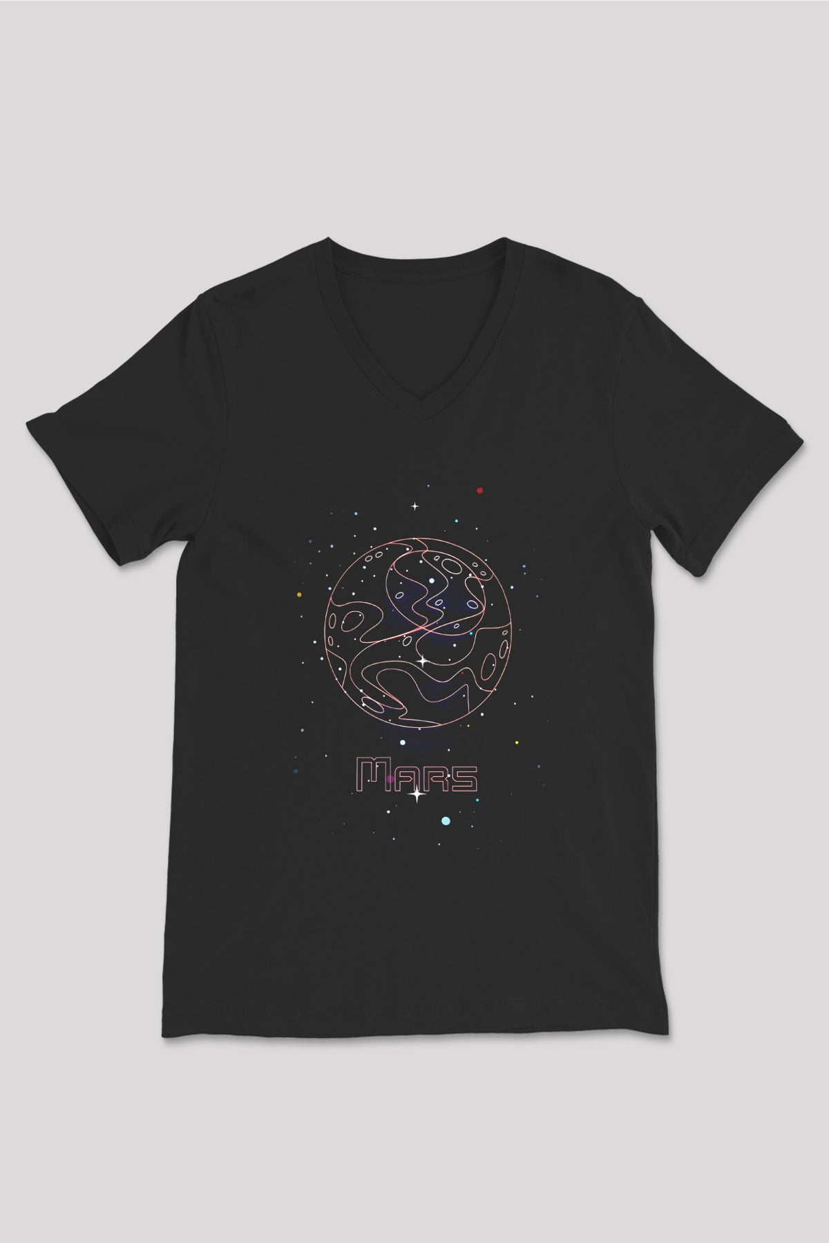 Mars Çizim Baskılı Unisex V Yaka Siyah Tİşört - Tshirt