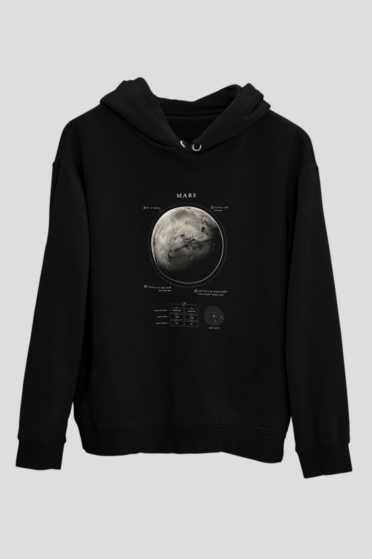 Mars Fiziksel Özellikleri Baskılı Unisex Siyah Kapüşonlu Sweatshirt