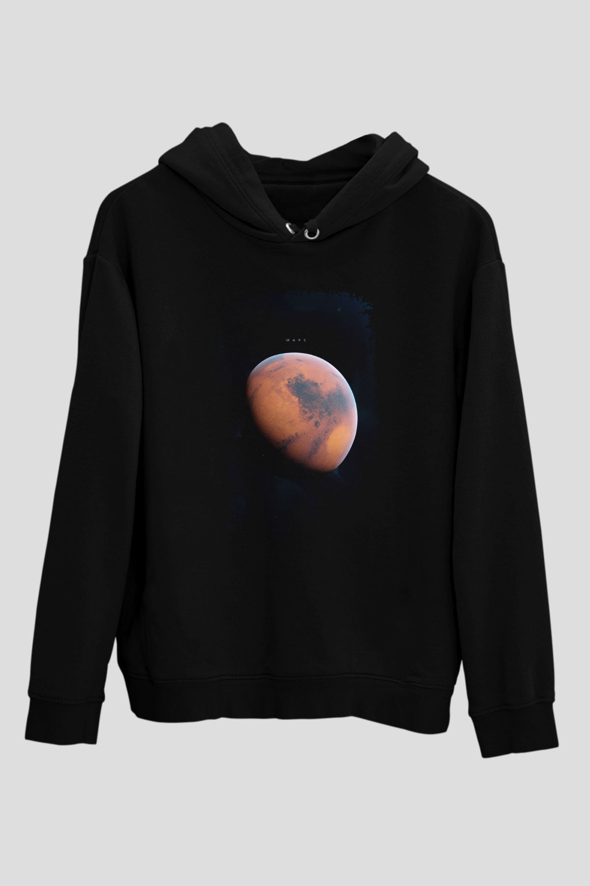 Mars Fotoğraf Baskılı Unisex Siyah Kapüşonlu Sweatshirt