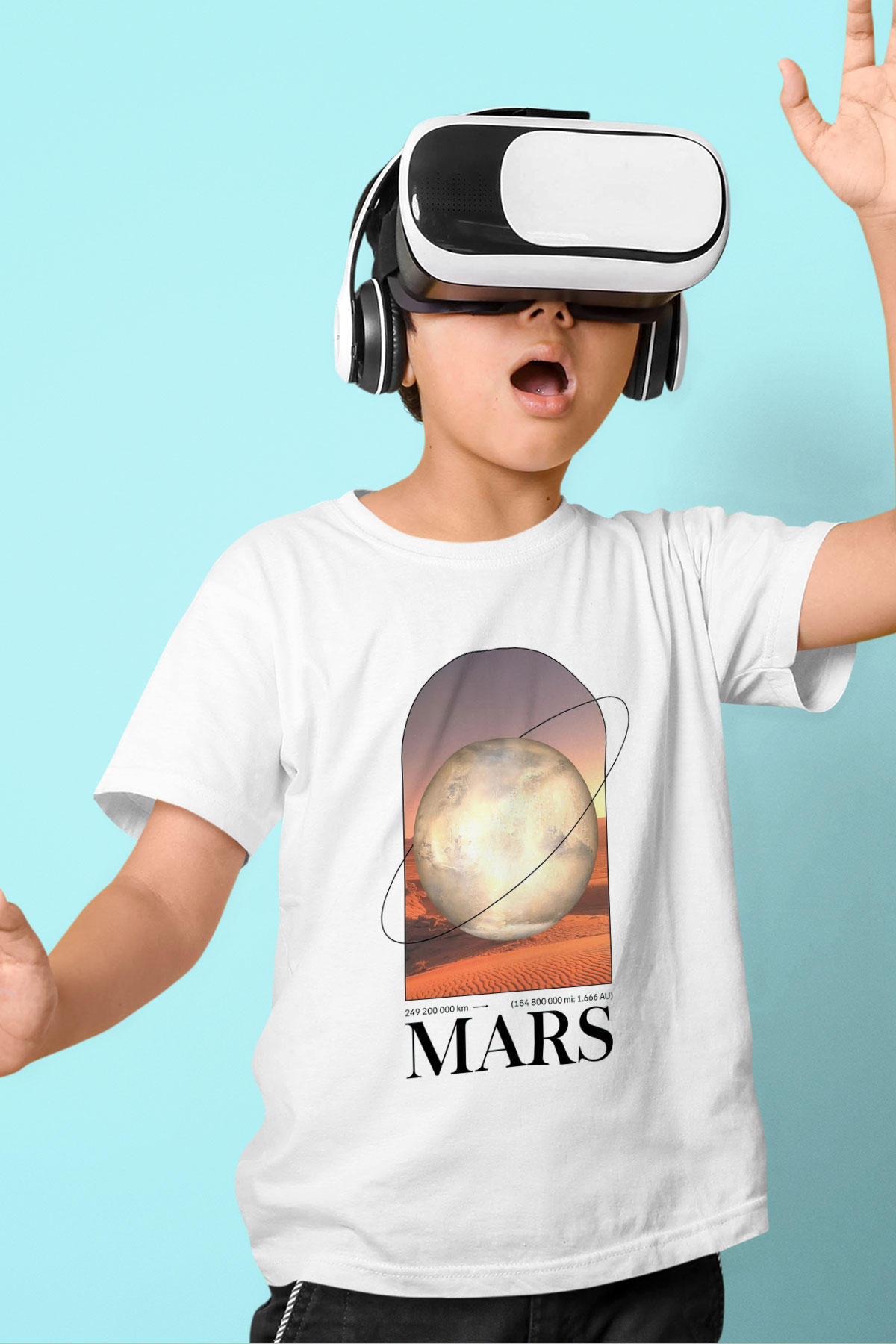 Mars Gezegeni Baskılı Unisex Beyaz Çocuk Tişörtü - Tshirt