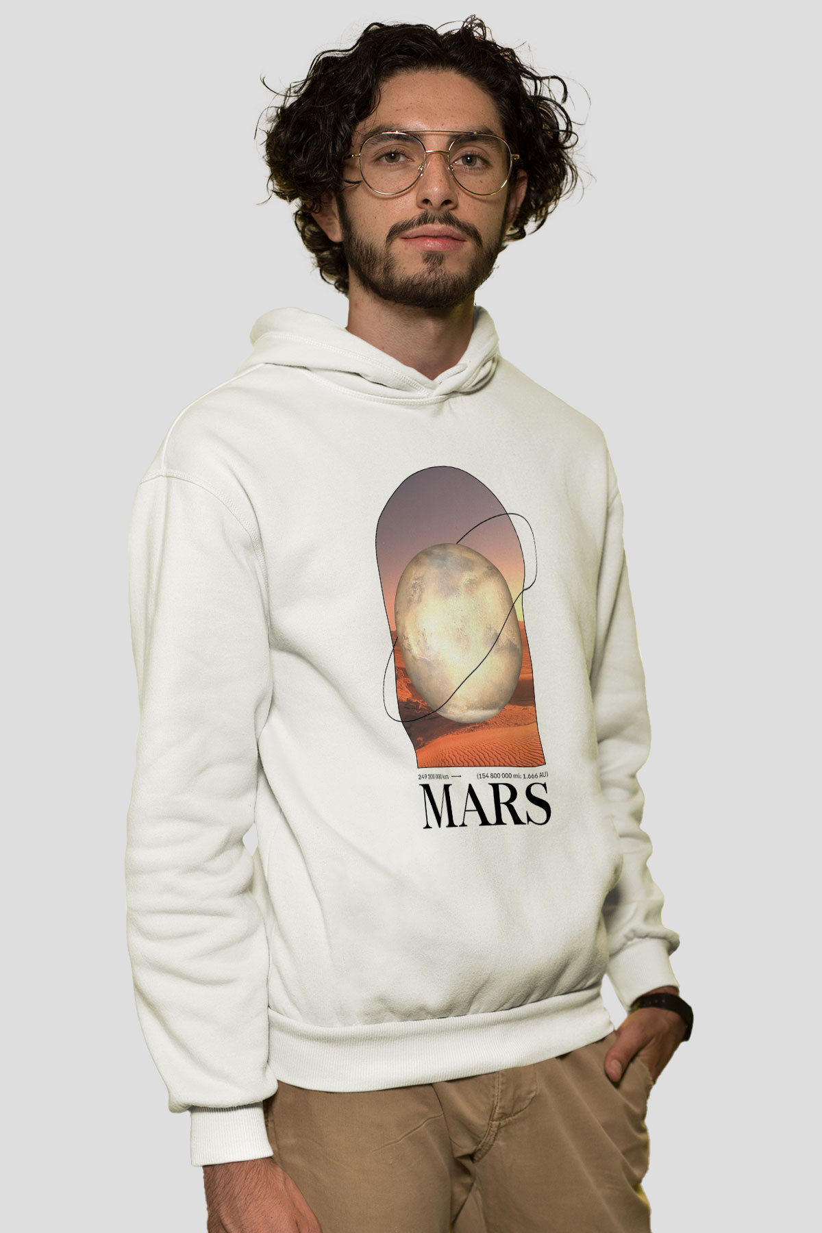 Mars Gezegeni Baskılı Unisex Ekru Hoodie