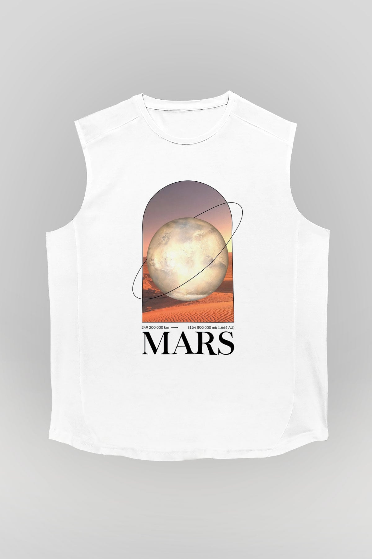 Mars Gezegeni Baskılı Unisex Kolsuz Beyaz Tişört - Tshirt
