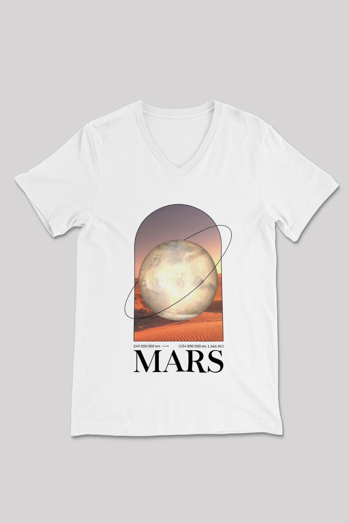 Mars Gezegeni Baskılı Unisex V Yaka Beyaz Tişört - Tshirt