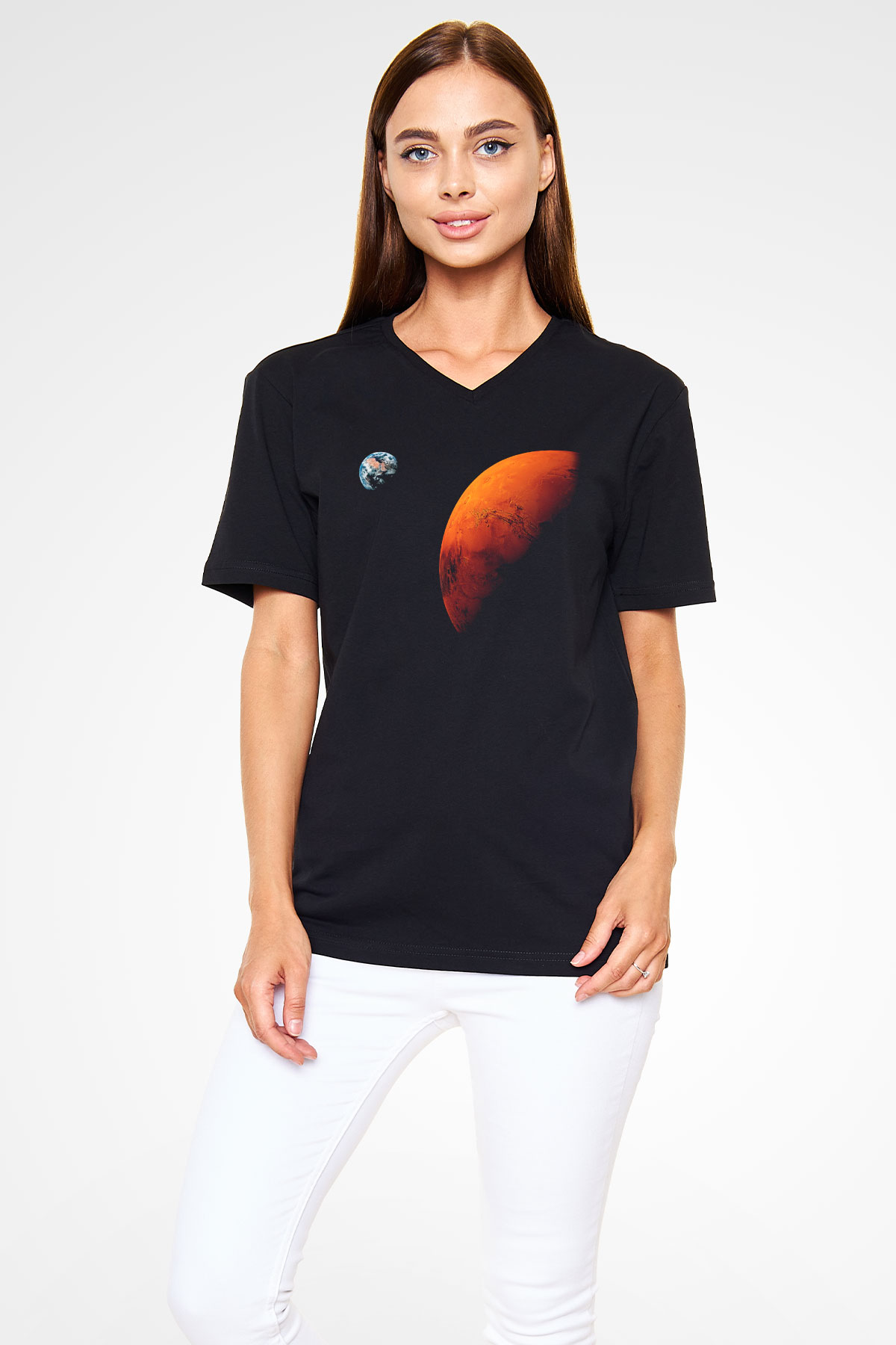 Mars Siyah Unisex V Yaka Tişört T-Shirt