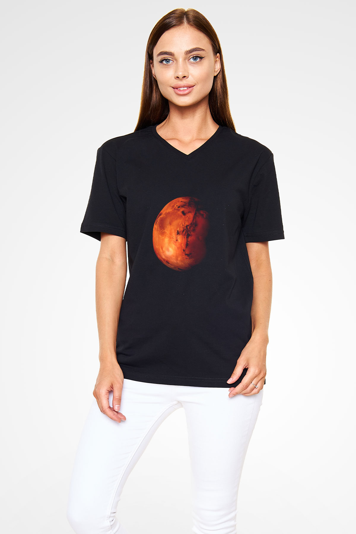Mars Siyah Unisex V Yaka Tişört T-Shirt