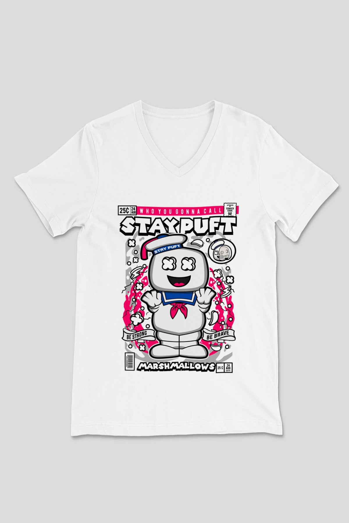 Marshmallow Baskılı Unisex Beyaz V Yaka Tişört