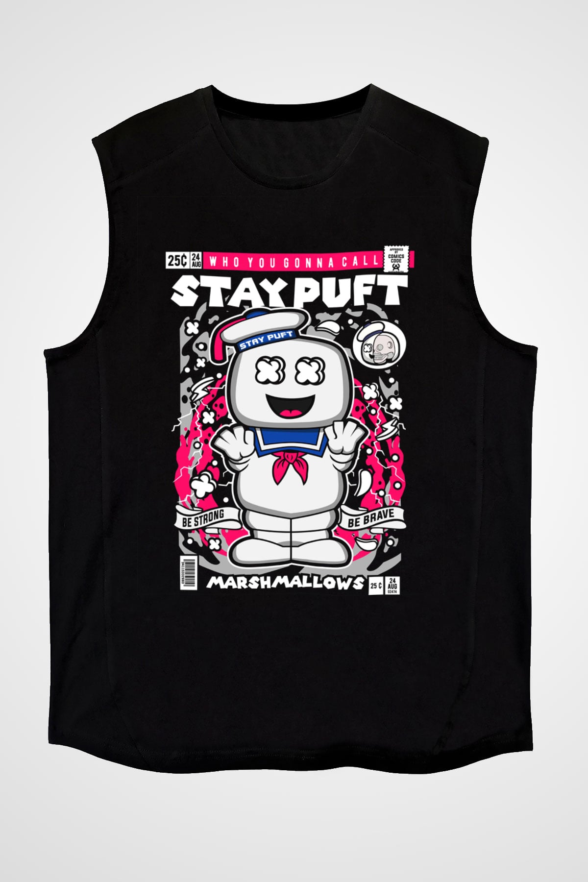 Marshmallow Baskılı Unisex Siyah Kolsuz Tişört