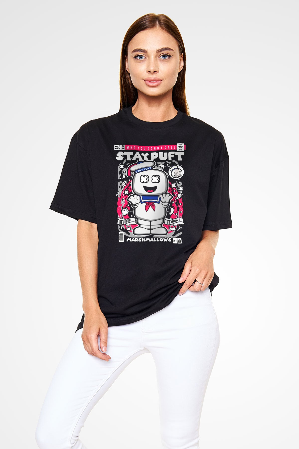 Marshmallow Baskılı Unisex Siyah Oversize Tişört