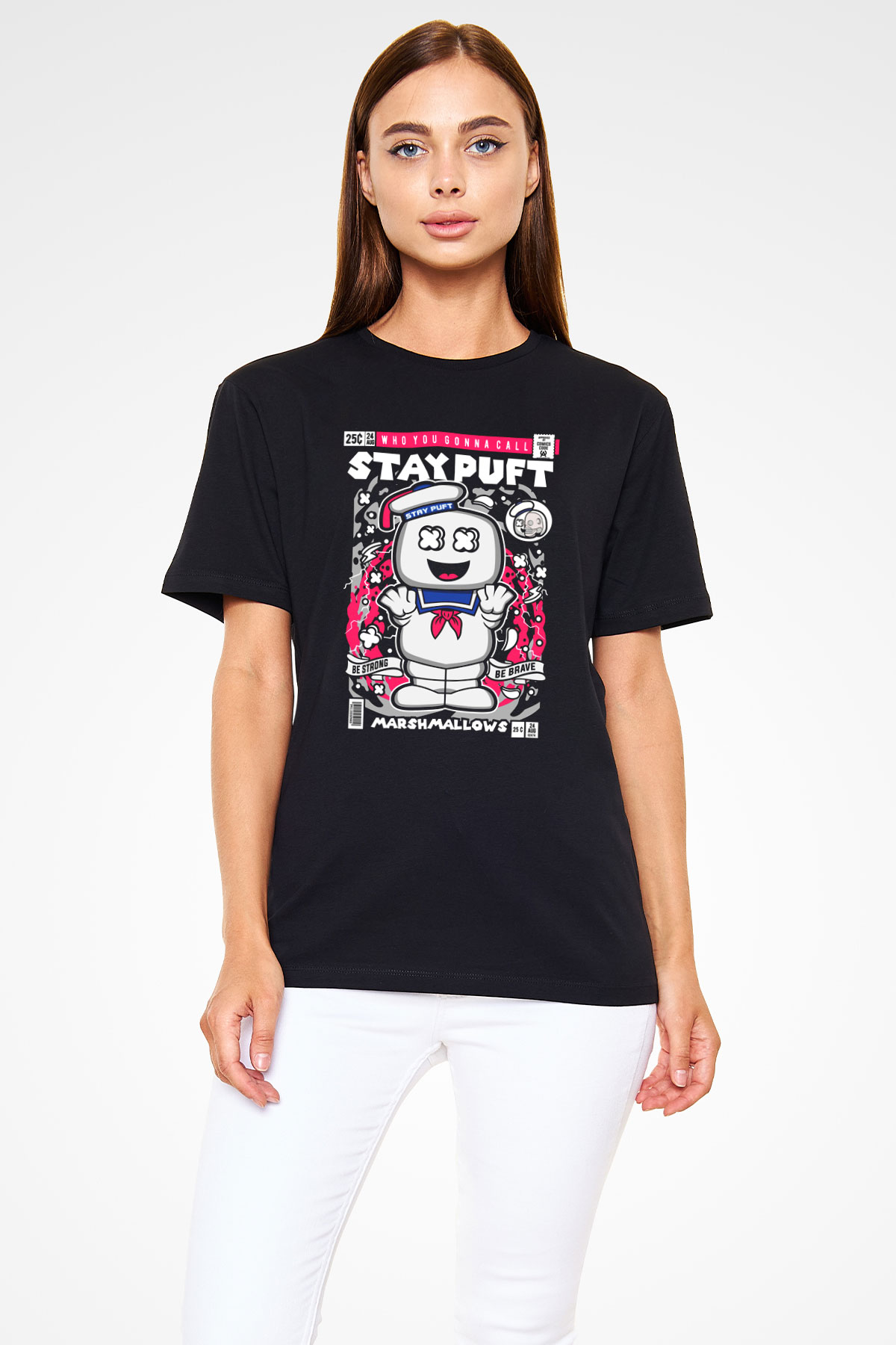 Marshmallow Baskılı Unisex Siyah Tişört