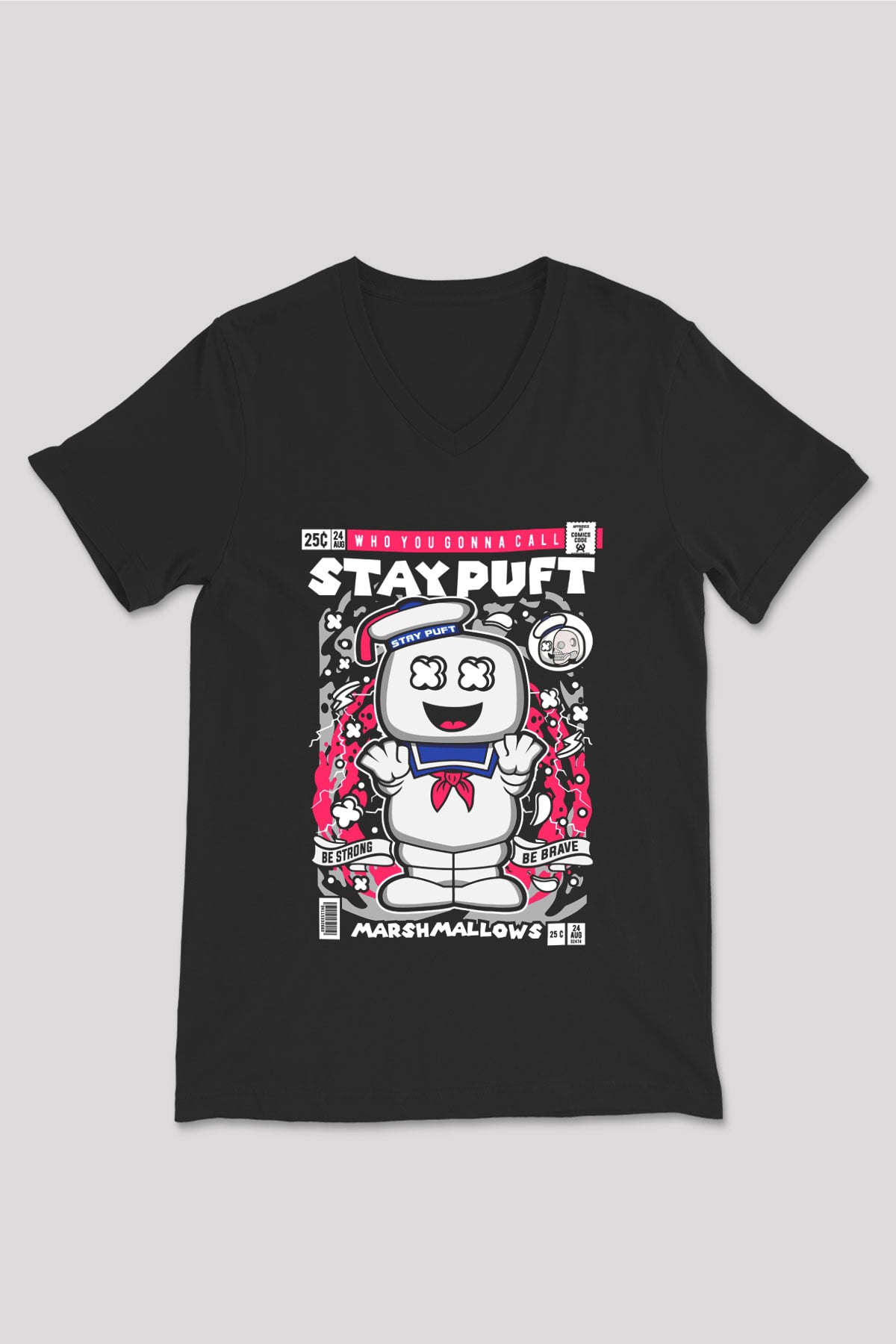 Marshmallow Baskılı Unisex Siyah V Yaka Tişört