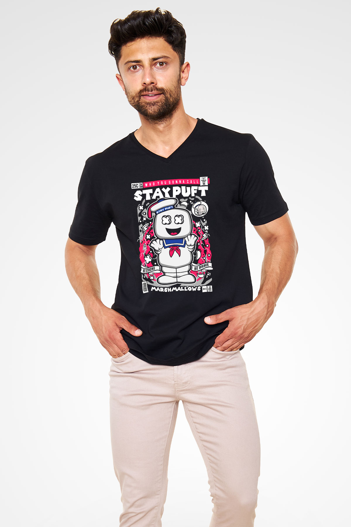 Marshmallow Baskılı Unisex Siyah V Yaka Tişört