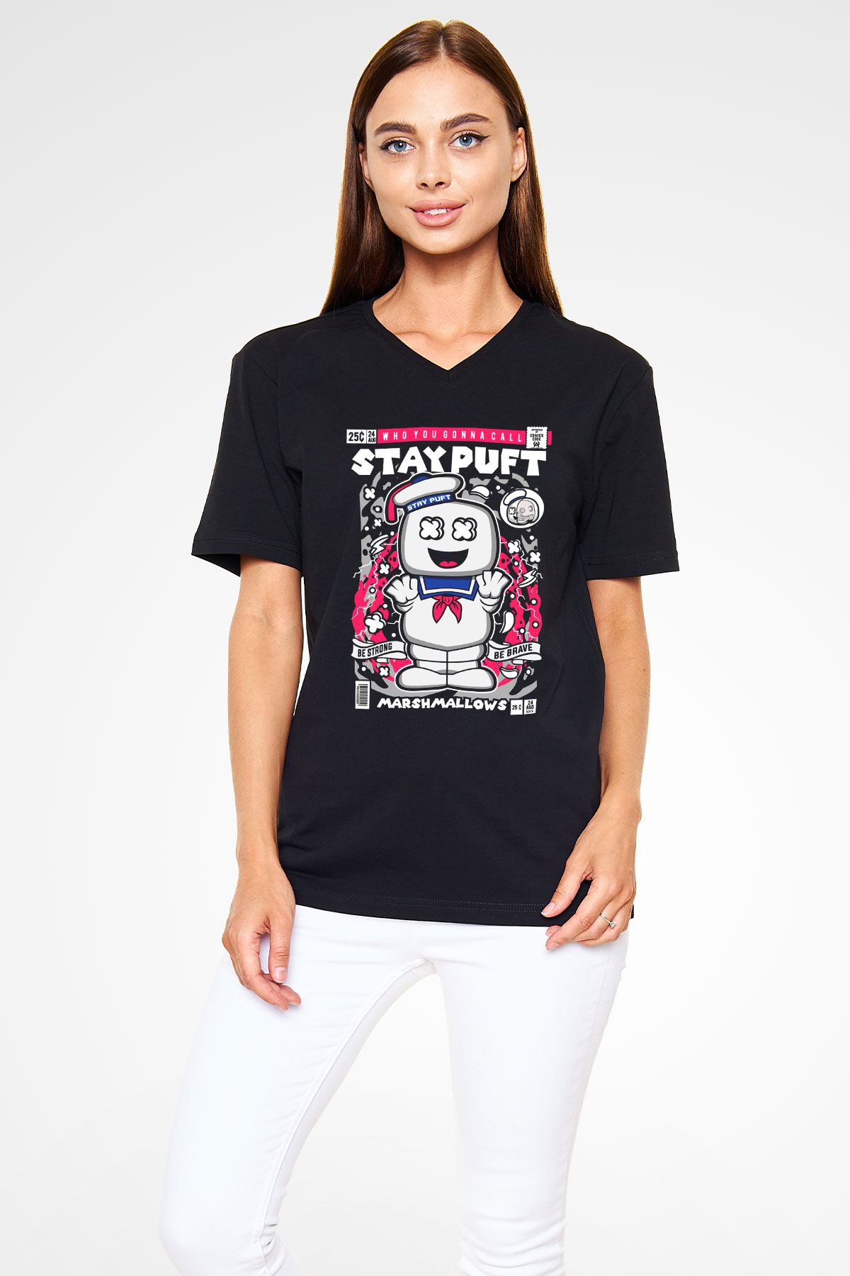 Marshmallow Baskılı Unisex Siyah V Yaka Tişört