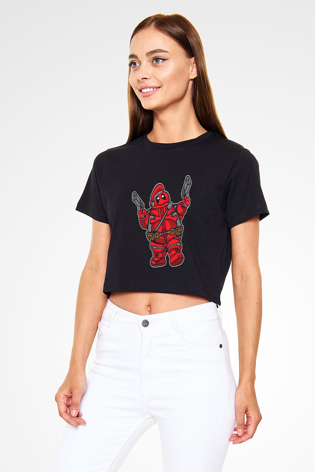 Marshmallow Merc Baskılı Siyah Kadın Crop Top Tişört